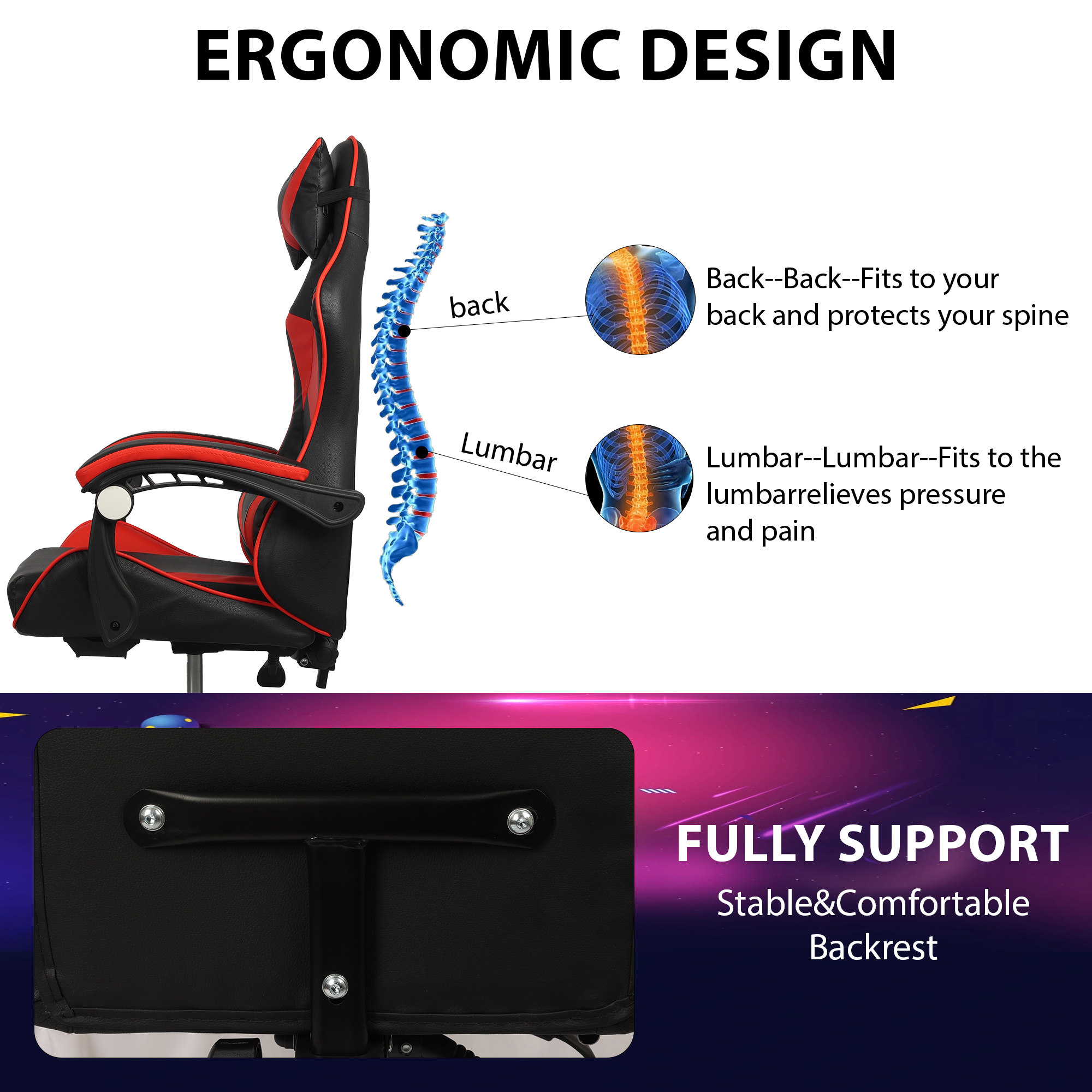 Ergonomic Gaming Chair, Adjustable Height and Lumbar Support