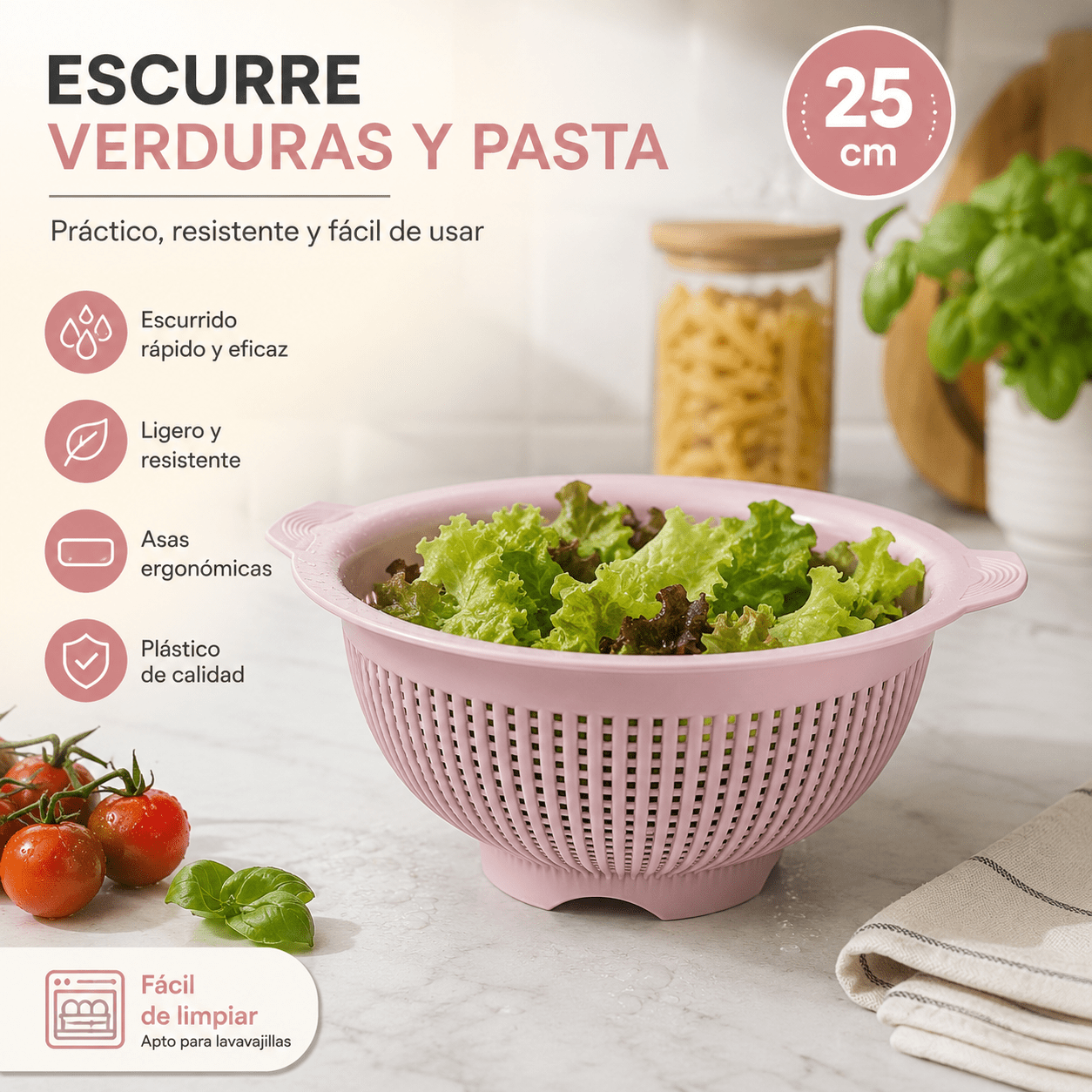 TEMU Escurridor de Verduras y Pasta 25 cm con en Rosa | Colador de Cocina de Plástico Resistente | Escurre Pasta, Arroz