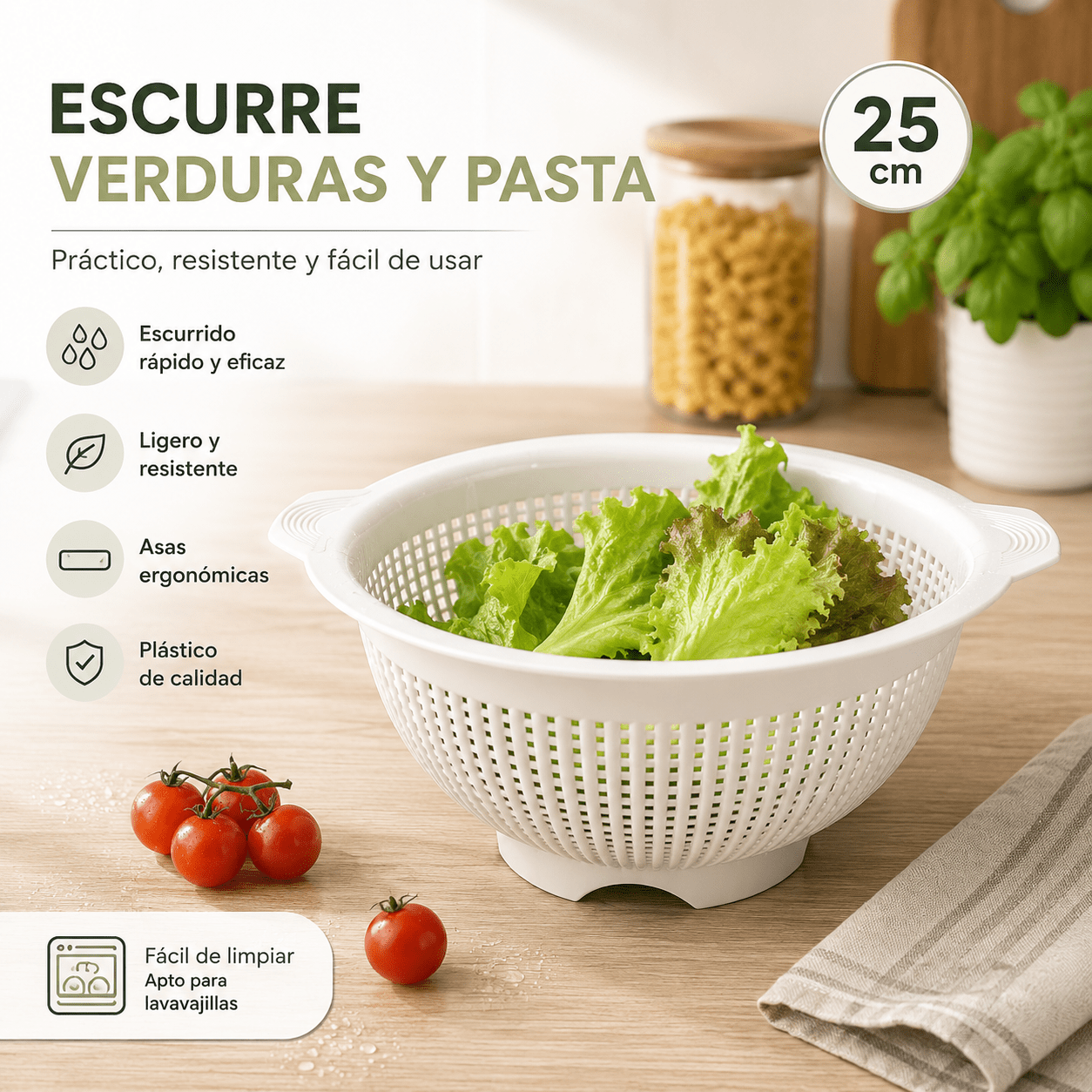 TEMU Escurridor de Verduras y Pasta 25 cm con | Colador de Cocina de Plástico Resistente | Escurre Pasta, Arroz