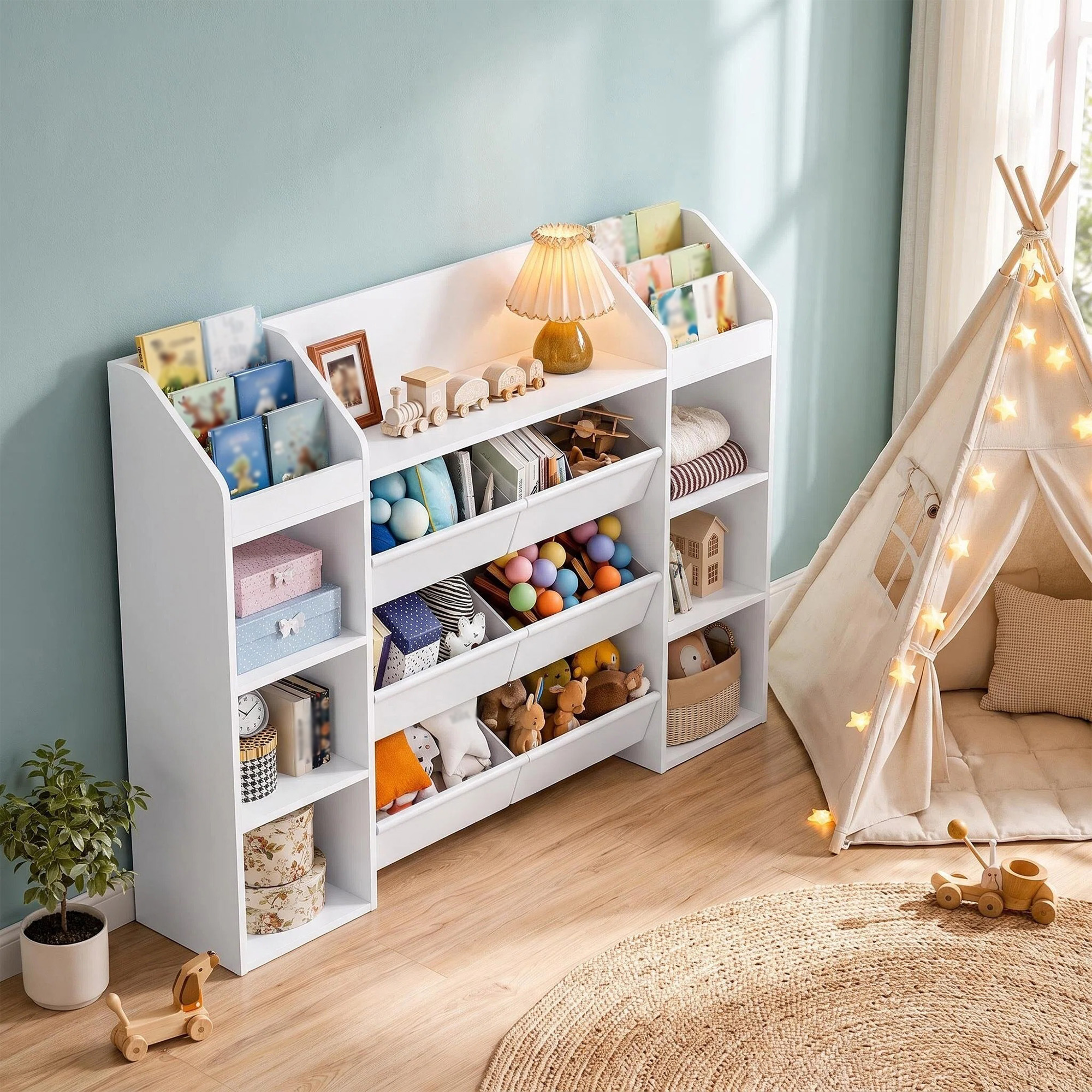 Image of This White Wooden Bookshelf Features 6 Fabric Drawers, Providing Storage For , And Other Miscellaneous Items. Its Large Capacity Tidy.