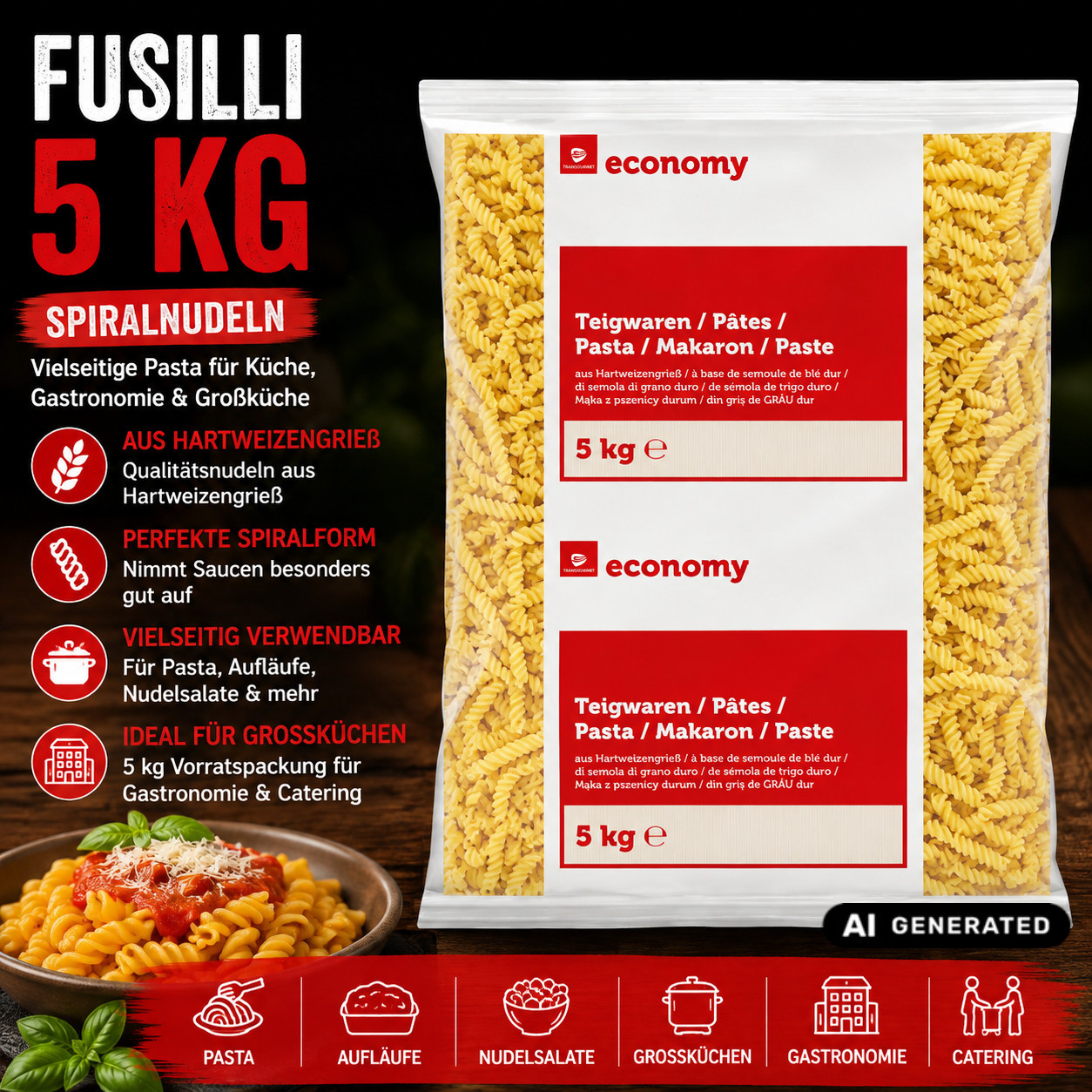 Image of Tge Fusilli 5 Kg Bulk Pack – Spiral Pasta For Pasta Dishes, Pasta Salad & Casseroles, Gastro Pasta For Restaurants, Catering, Canteens, Commercial Kitchens & Stock
