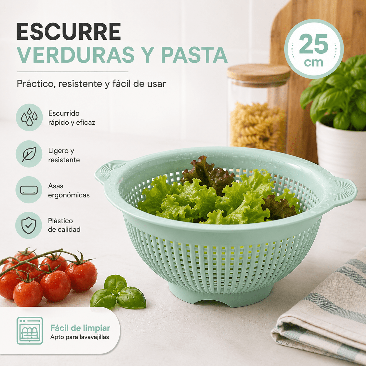 TEMU Escurridor de Verduras y Pasta 25 cm con en | Colador de Cocina de Plástico Resistente | Escurre Pasta, Arroz