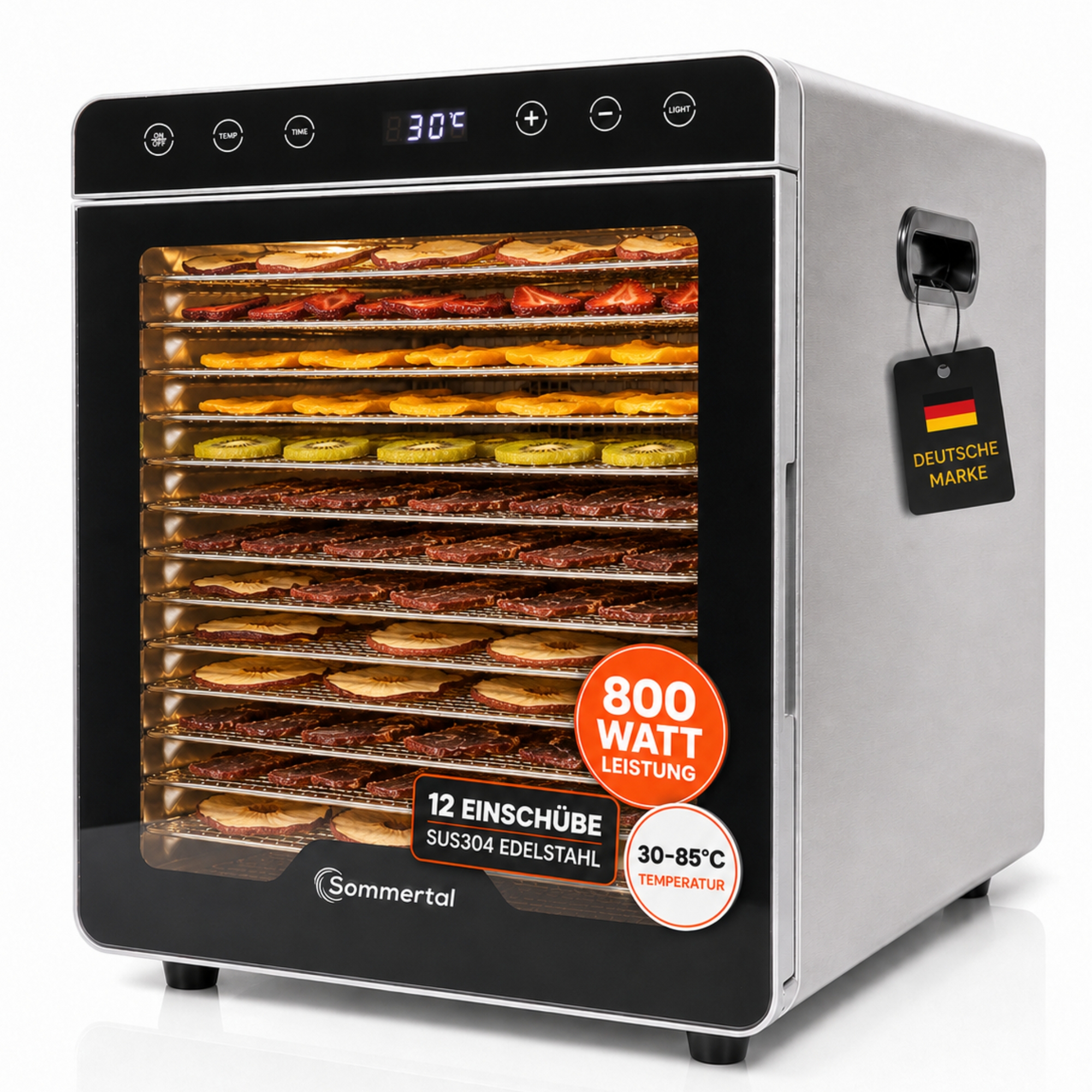 TEMU Leiser Dörrautomat mit 12 Edelstahl-Einschüben, 800 Watt, 24h Timer, einstellbarer Temperaturbereich 30-85C – Ideal für Kräuter, Obst, Gemüse,