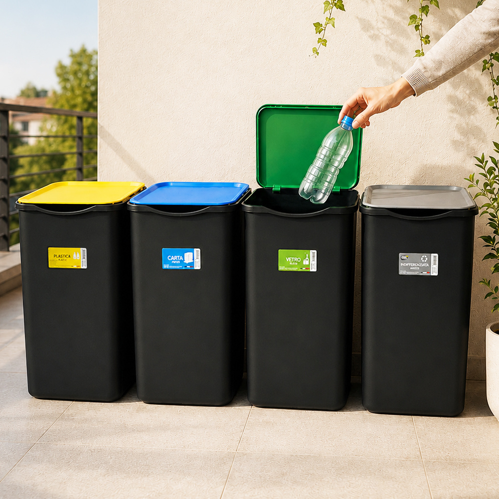 TEMU Bakaji Set Of 4 Recycling Bins, 50 Liter Trash Cans With Green, Blue, And Yellow Lids, Outdoor And Indoor Waste Containers, X 36 X 62 Cm