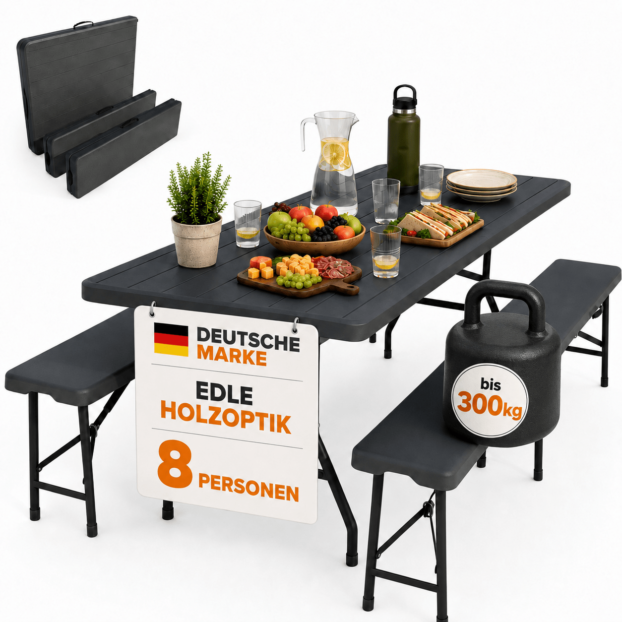 Image of Collapsible 3pcs Beer Tent Set 180 Cm - Party Tent Set With Beer Table And 2 Beer Benches In Wood Look, , Loadable Up To 300 Kg, Uv- And Weather-resistant, With Carrying Handle, Pre-assembled