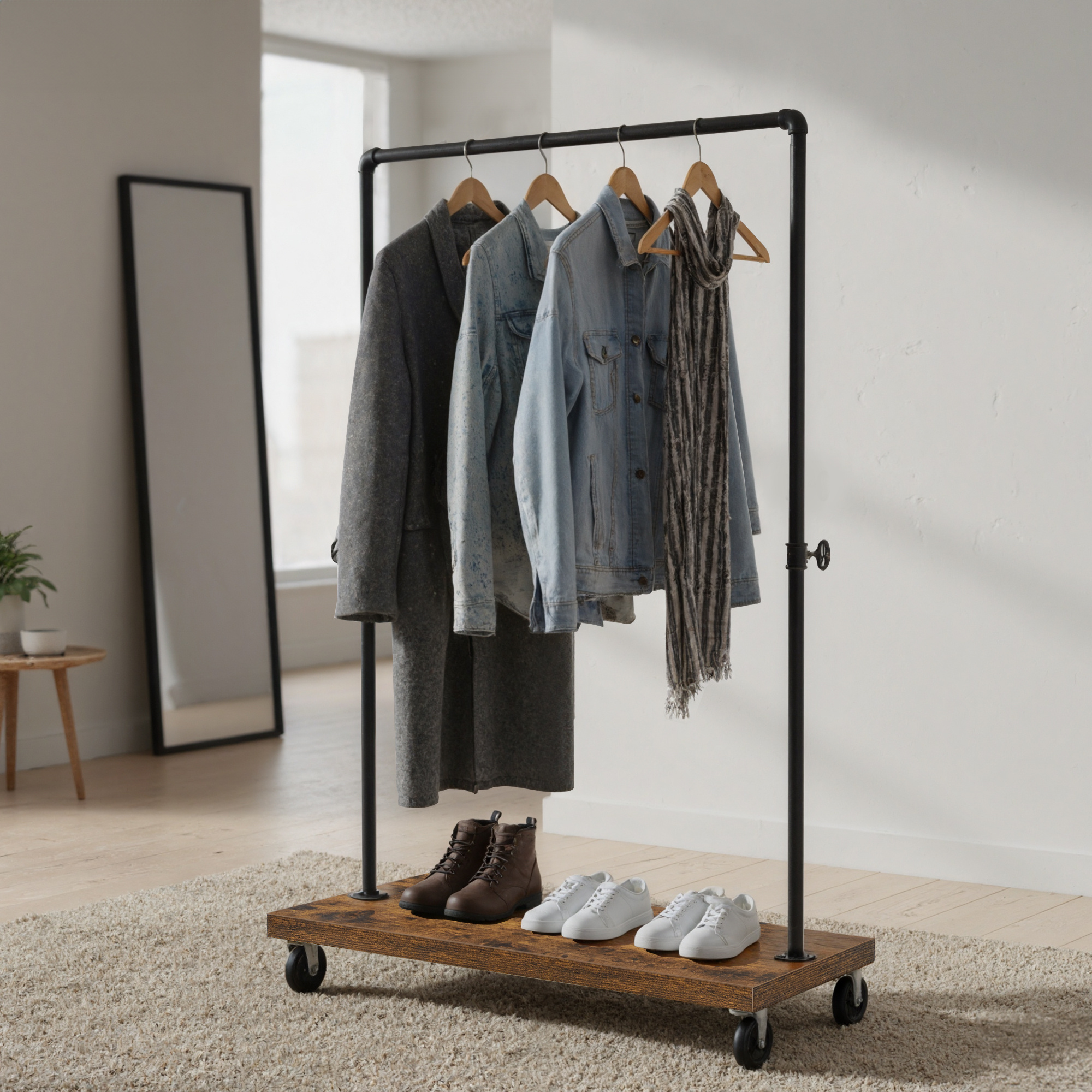 Image of Industrial Coat Rack In And Black With Lockable Casters And A Shelf. Overall Load Capacity 80 Kg. Suitable For Use In Or Living Room