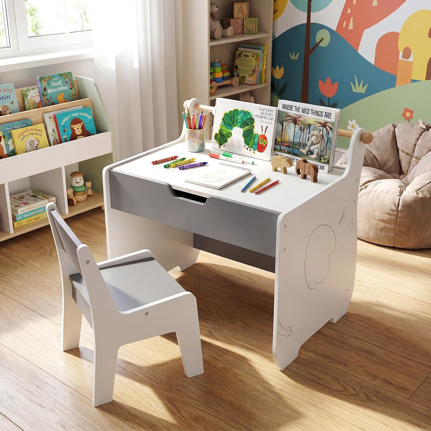 Image of Kids Art Table And Chair Set, Toddler Craft Study Desk W/reversible Blackboard & Whiteboard, Wooden Multi-activity Table W/paper Roll & Hidden Storage For Drawing, Painting, Writing