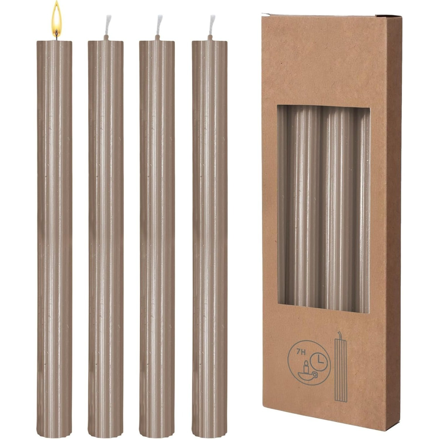 Image of Real Wax Pillar Candles, Ribbed, 8pcs Pack - Cream - Festive Table Candle Set, 25 Cm Height - Candle For Advent, Christmas, St. , Wedding, Birthday Decoration