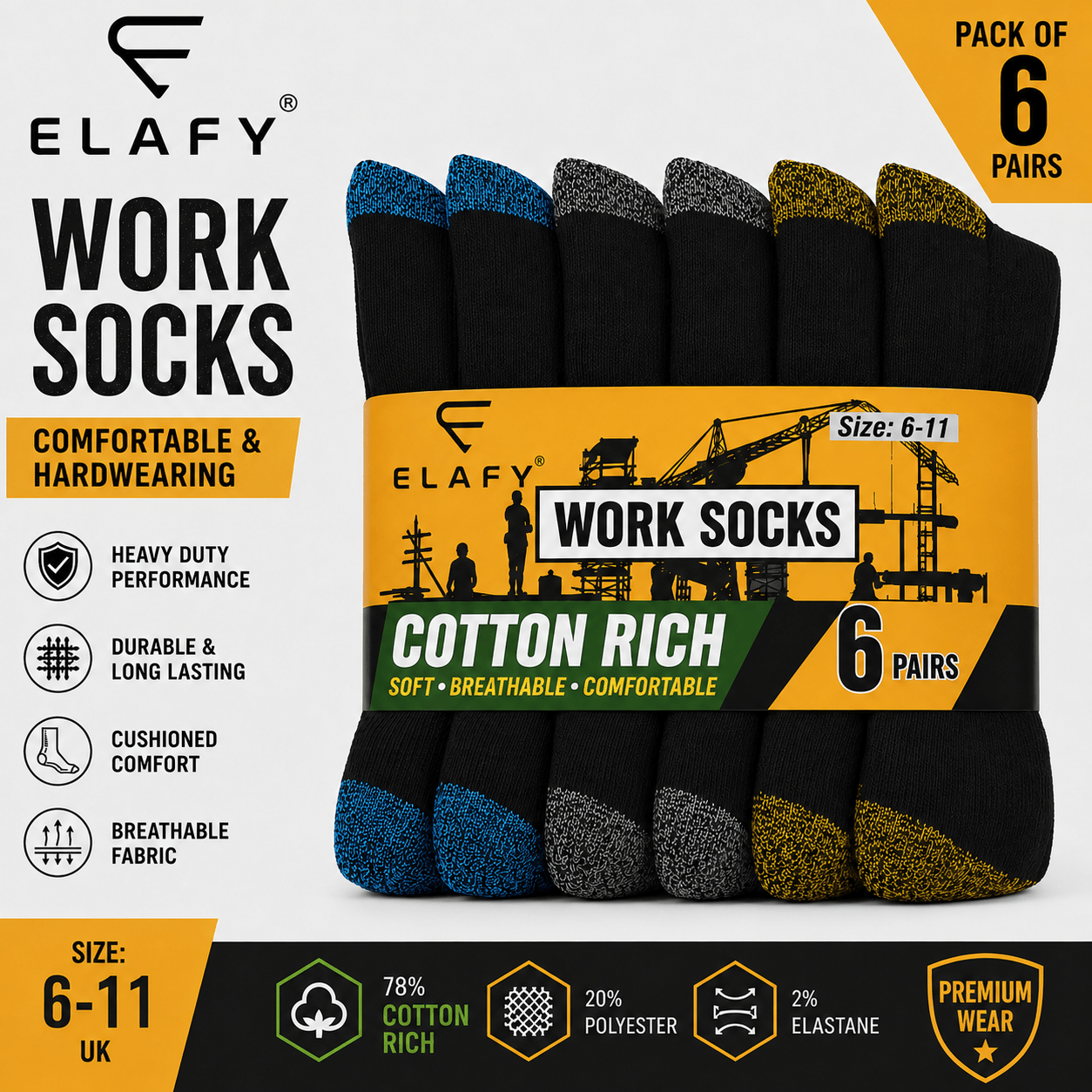 TEMU Elafy Men's Work Socks Or Thermal Warm Pack Of 6 – Reinforced Cushioned Heel & Toe | , Crew Socks | Pack Of 6 | Size 6-11