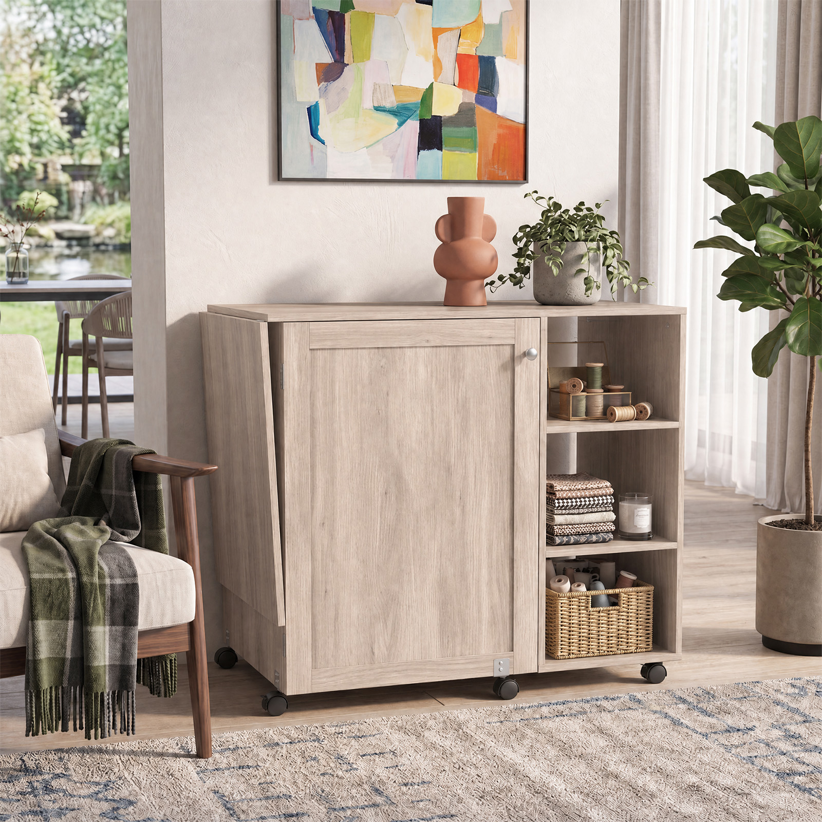 Image of Folding Sewing Table, Multifunctional Sewing Machine Craft Station With Storage Shelves, 18 Pegs And Hidden Bins, Portable Rolling Sewing Cabinet Craft Table With Lockable Casters, Natural