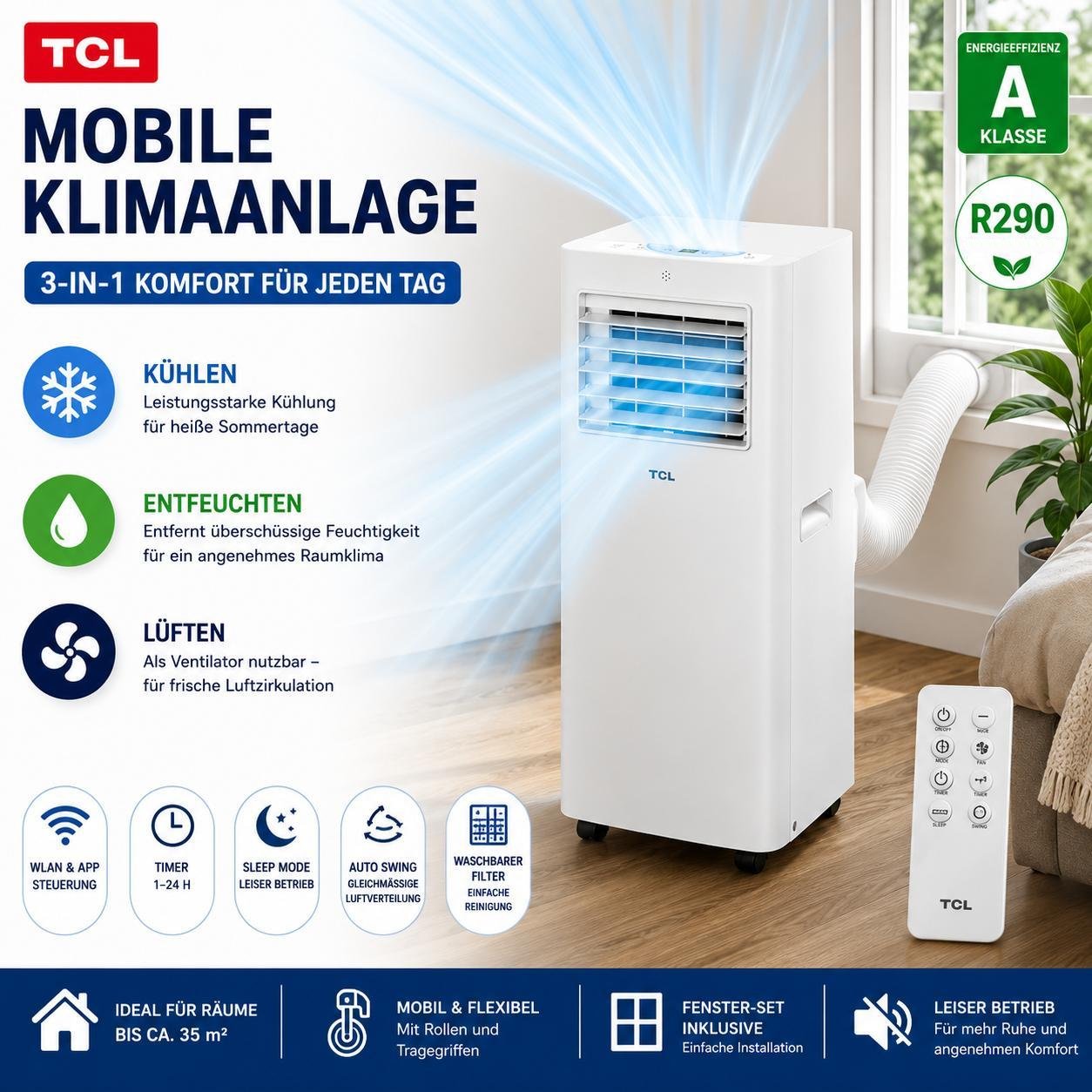 Tcl 9000btu Conditioner 3in1 Air Conditioning Unit, Window Kit, Remote Control, Timer