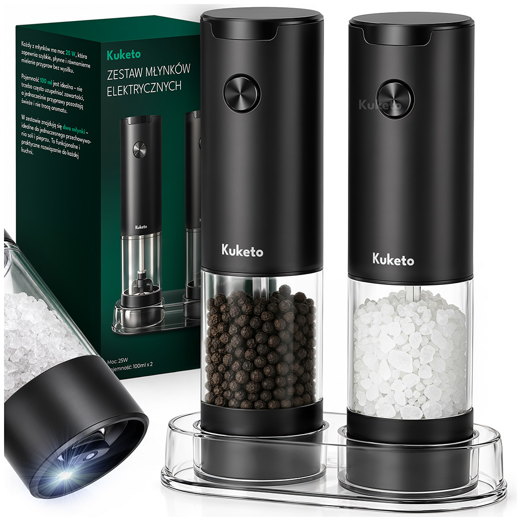 TEMU Kuketo - Electric Salt And Pepper Mill Set, 2pcs, Automatic With Ceramic Grinders, 5-grade Adjustable Grinding Thickness, Led, Stainless Steel,