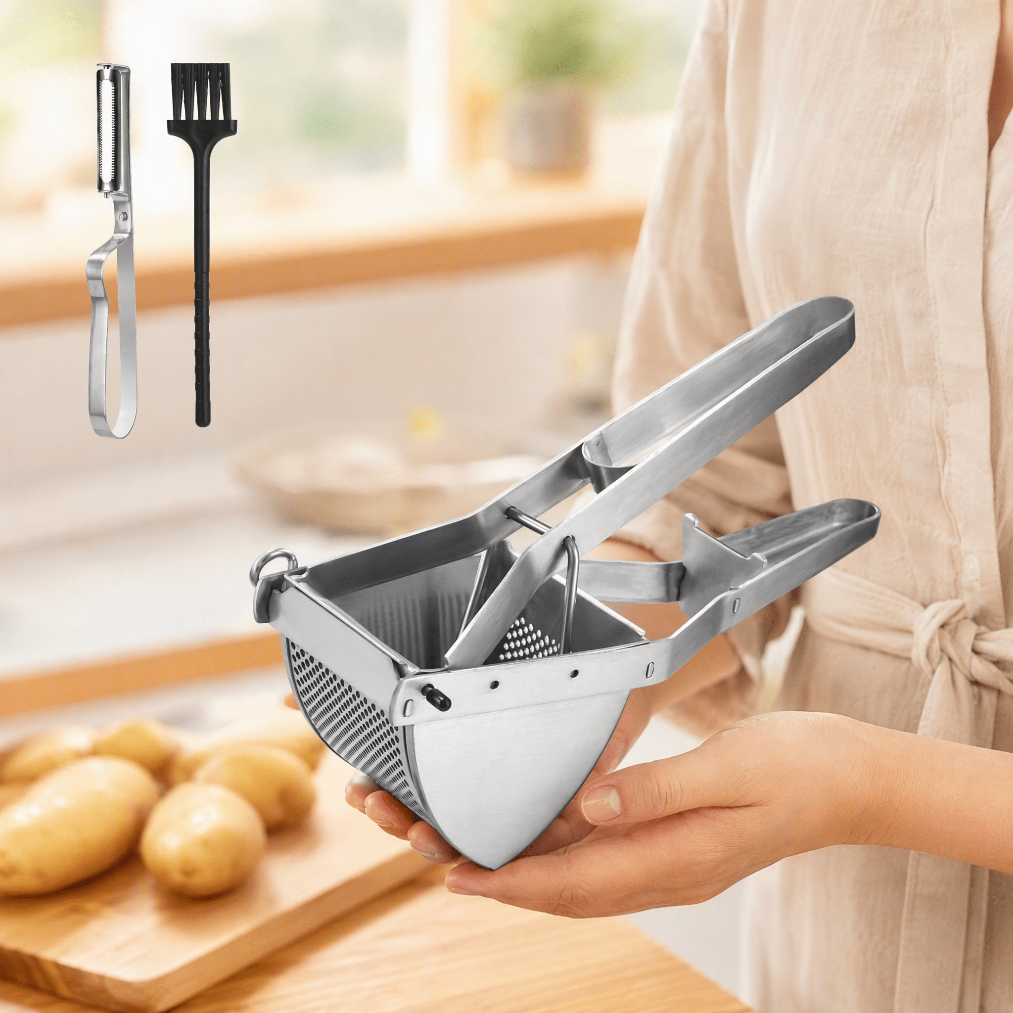 Image of Heavy Duty Stainless Steel Potato Masher, Large Vegetable Masher Tool, Grip, Rust Proof, Easy To Clean, Great For Potato, Pumpkin, Vegetables, Household Kitchen Gadget