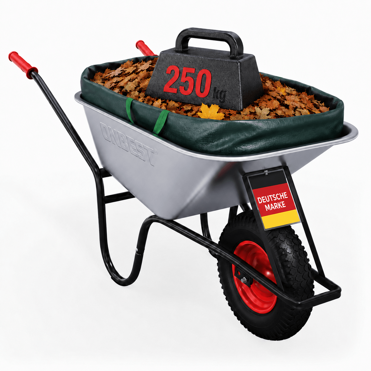Image of Wheelbarrow 100 Liter Up To 250 Kg With Galvanized Steel Tub – Garden And Construction Wheelbarrow With 40 Cm Pneumatic Wheel, Steel Rim, Hook, And Garden Waste Bag, Powder-coated