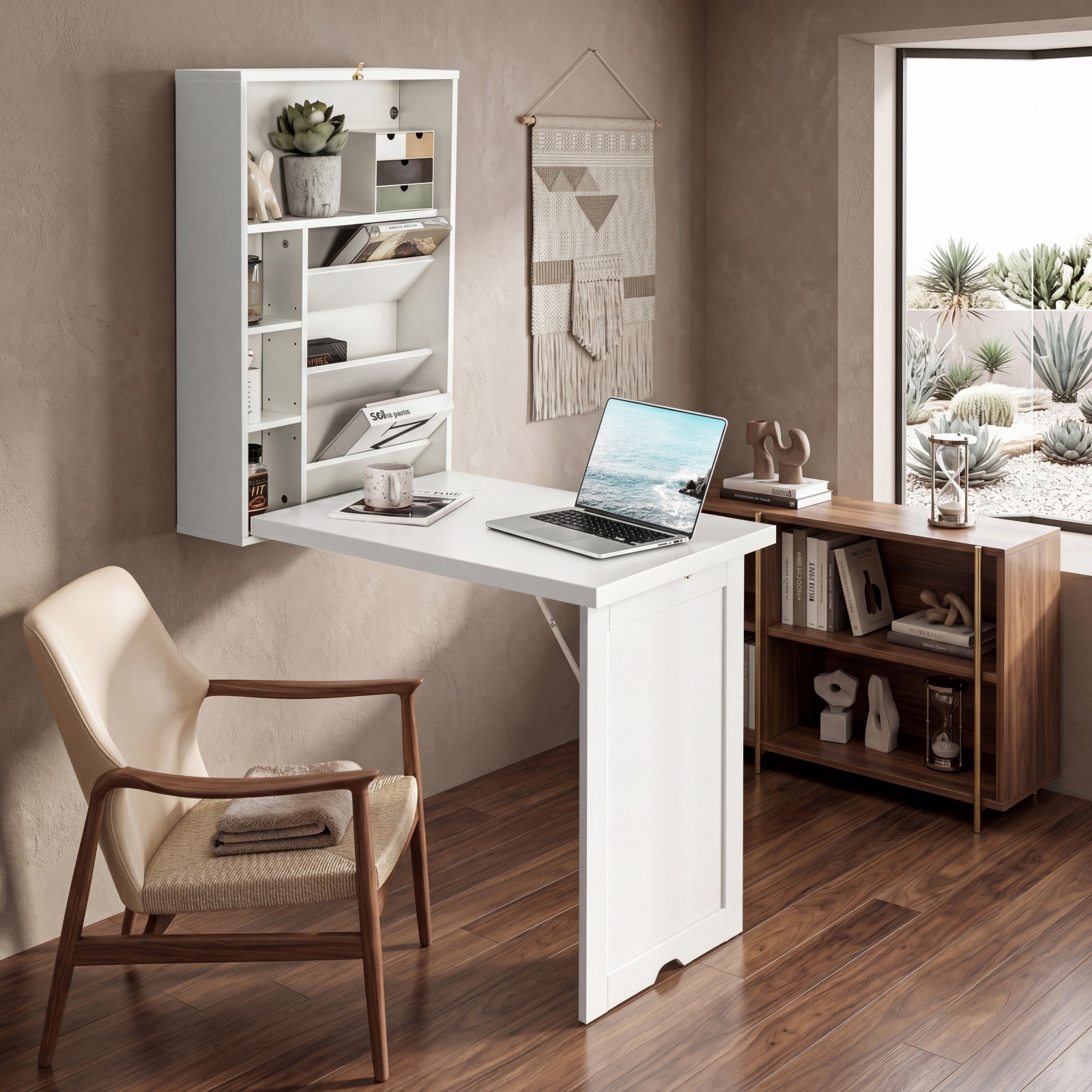 Foldable Wall Mounted Desk, Wall Folding Desk With 3-tier Tilt Storage Dividers & Adjustable Shelves, Space- Convertible Writing Table Workstation For Home Office, White