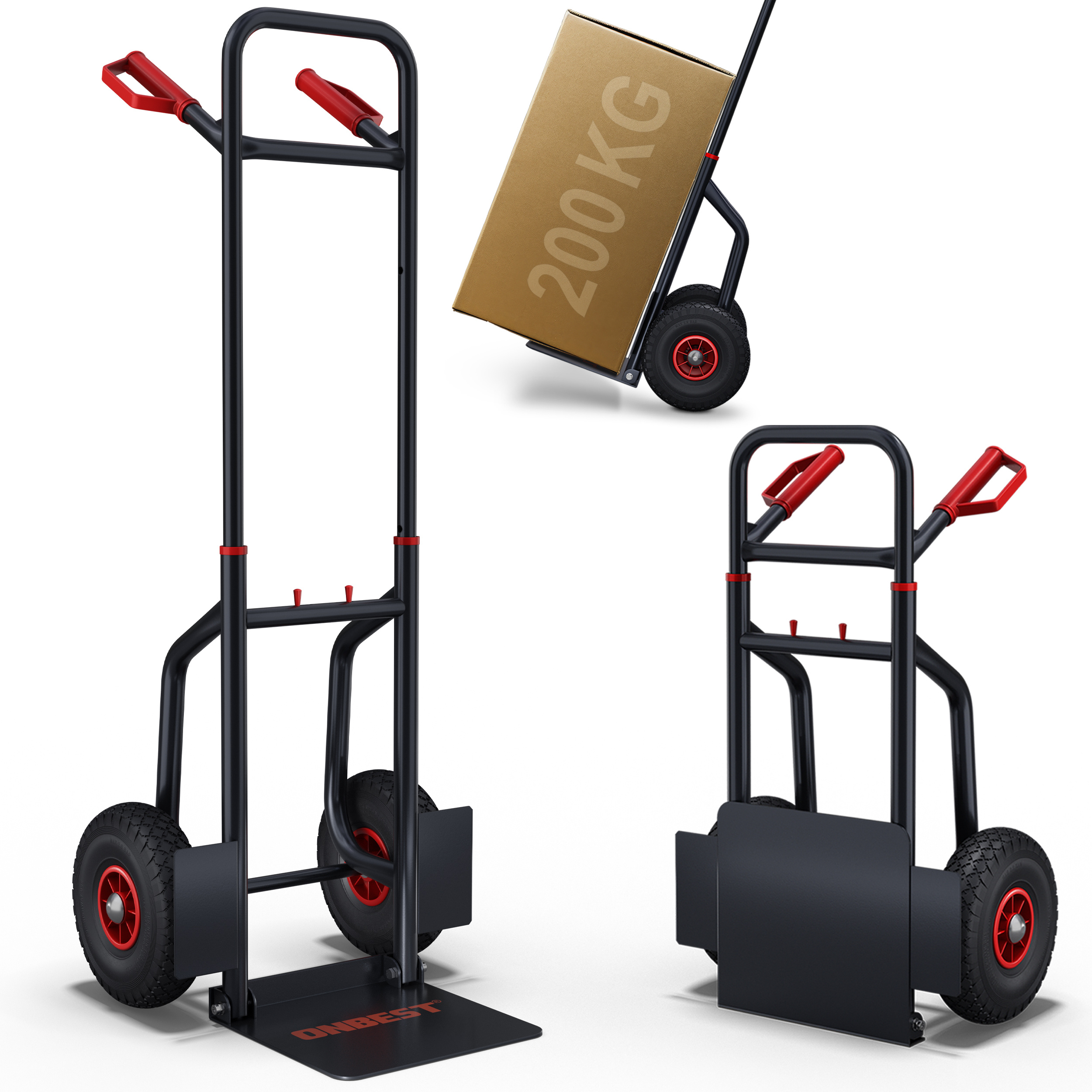 Image of Folding Hand Truck Up To 200 Kg – Transport Cart With , 250 Mm Pneumatic Tires, Retractable Height-adjustable Handle, Foldable Scoop, And 12 Straps, Folded Dimensions 48x82x24 Cm