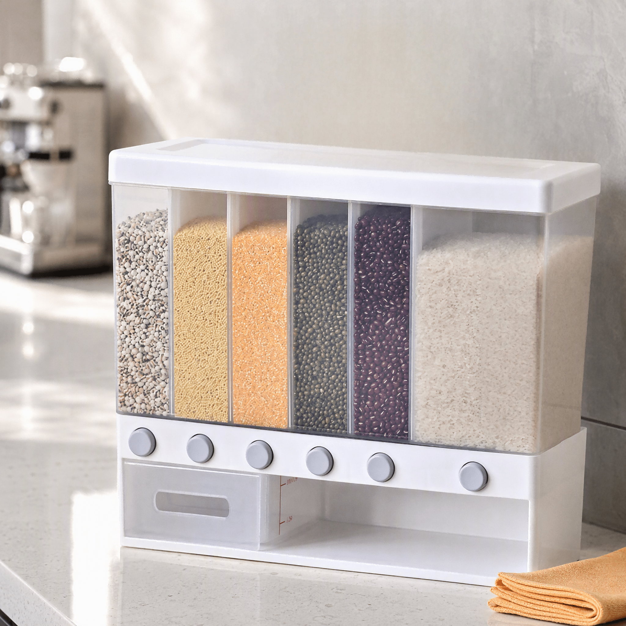 Image of 5-compartment Wall Mounted Rice Grain Storage Rack, Sealed Automatic Rice Bucket With Lid, Insect-proof Moisture-proof Grain Storage Container, Household Dry Food Organizer