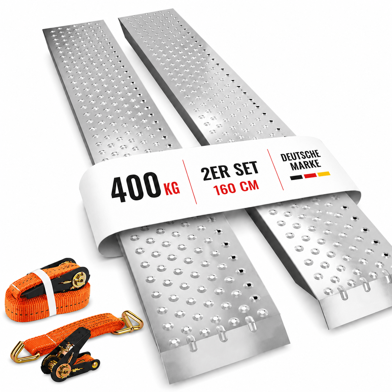 Image of Ramp 2pcs Set Made Of Steel 160 X 22.5 Cm - Loading To 400 Kg With Slip-resistant Perforated Surface, 1.5 Mm Steel, Including 2 Tension Straps 25 Mm X 4 M