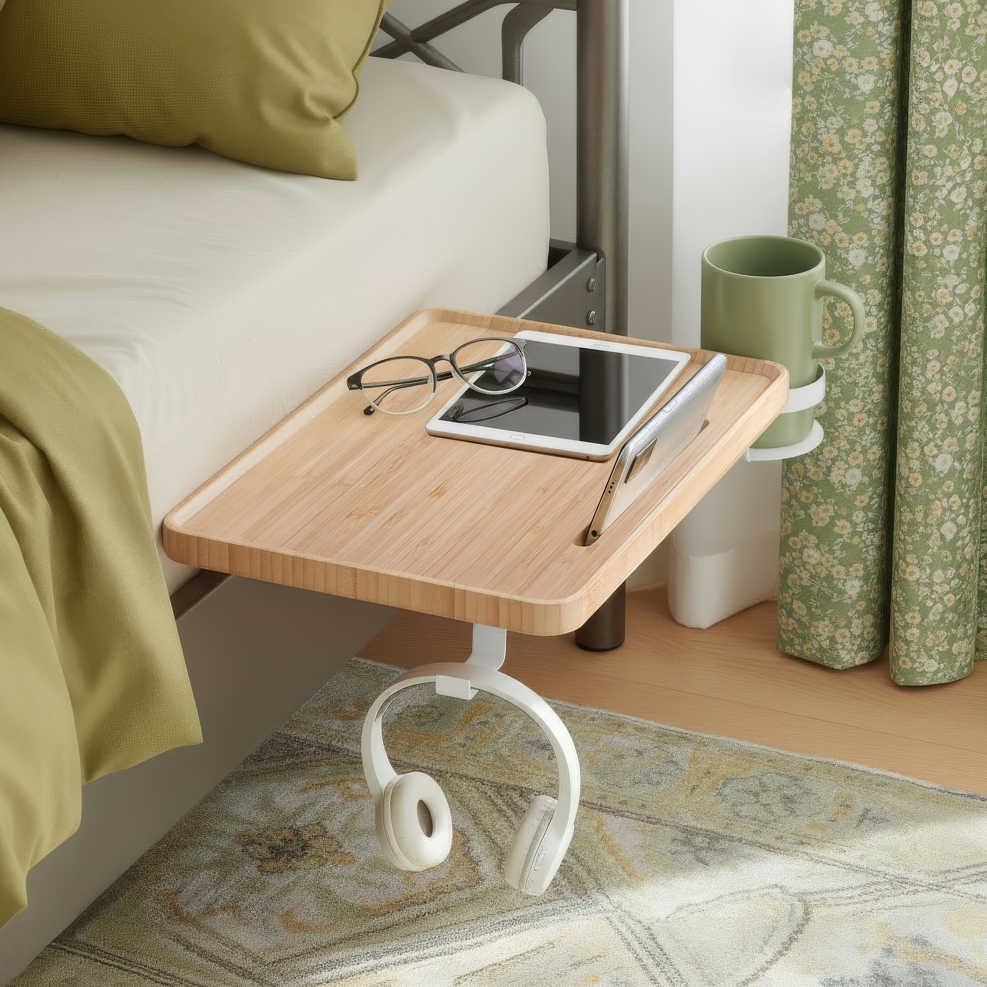 Bed Shelf, Hanging Nightstand For Bunk Beds, With Compartment For Smartphone, Cup Holder, Hooks, Rotatable, Adjustable Clamps For College Dorm