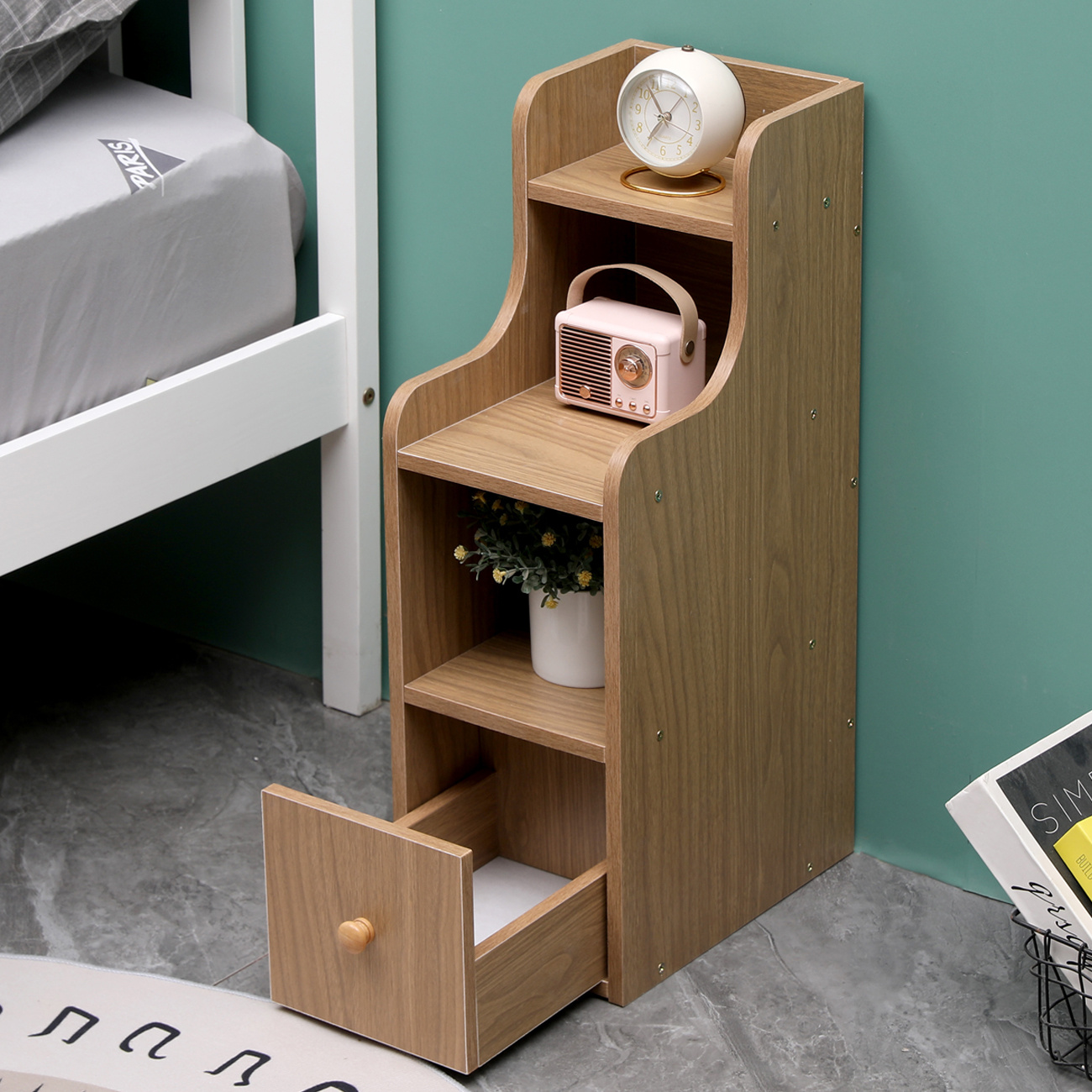 Narrow Bedside Table White With Drawer&open Shelf, Slim Table Cabinet 20cm For Small Space, Nightstand End Side Table For Bedroom