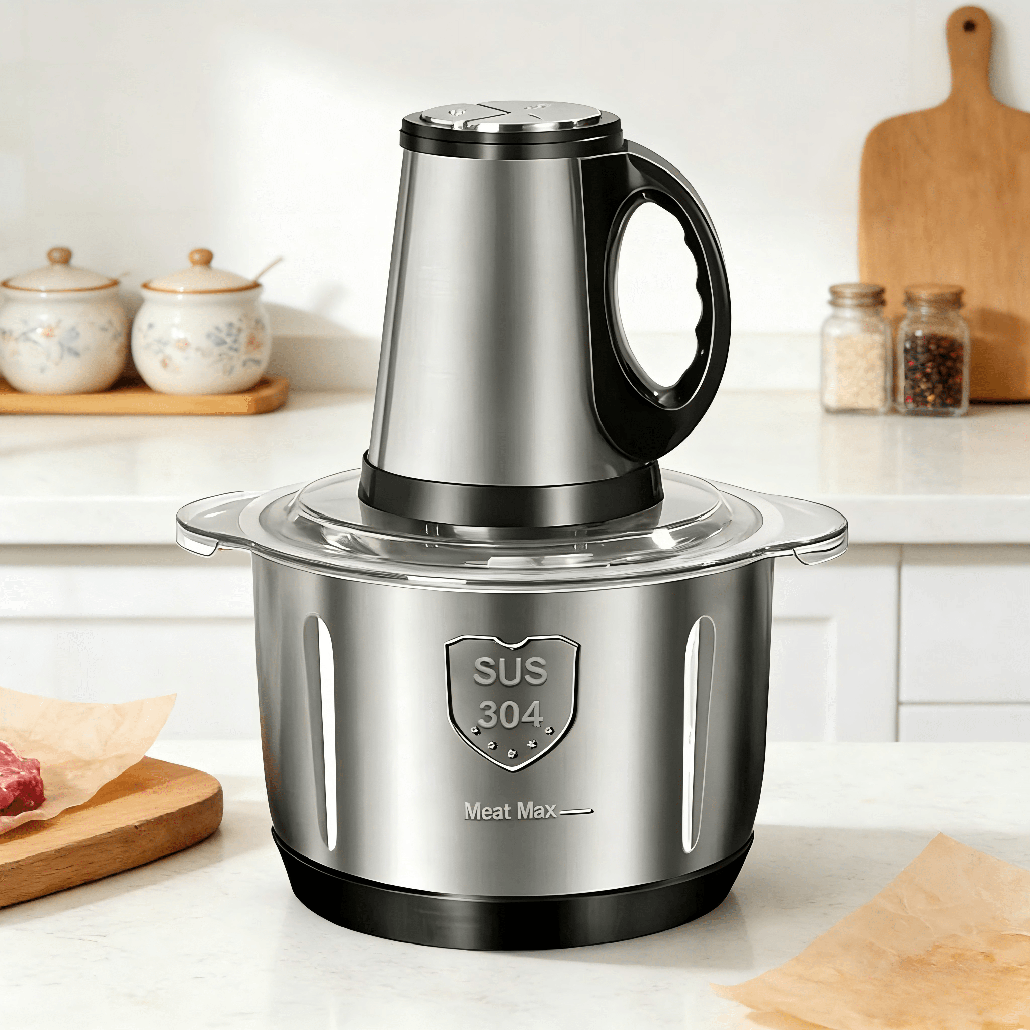 Image of Stainless Steel Mincer, Powerful 500w Motor, And Effortlessly Minces Meat, Onions, Garlic, Vegetables And Other Ingredients. Ideal For Preparing Salads, Soups And Pasta Dishes.