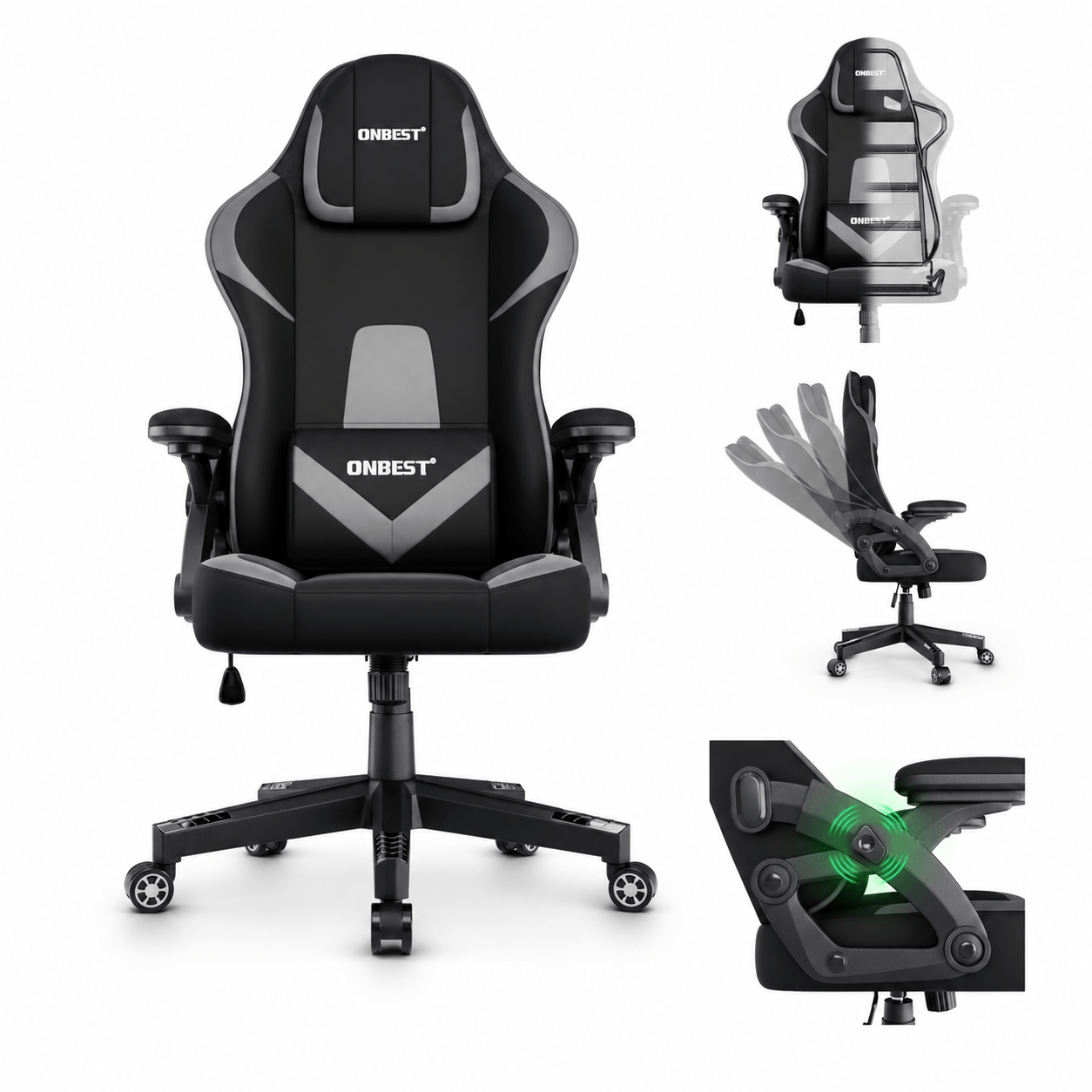 Image of Ergonomic Gaming Chair Up To 150 Kg – Office Chair With Lumbar Support Cushion And Headrest, Tilt-adjustable Backrest, Adjustable Armrests, Gas Lift, And 360-degree Wheels, Seat Height 44-54 Cm
