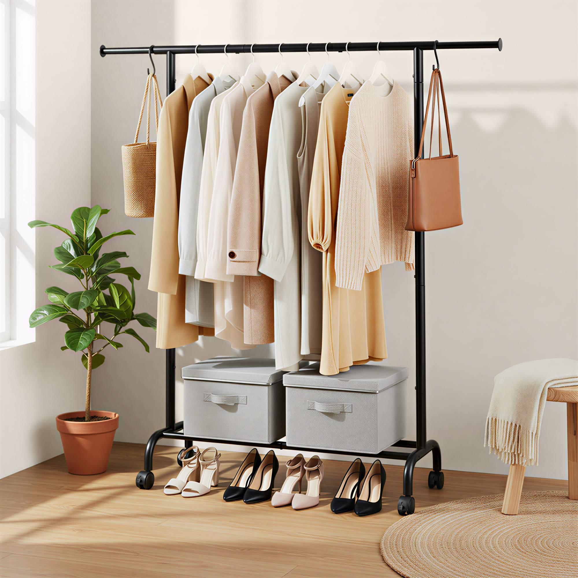 Image of Clothes Rack, Garment Rack On Wheels, Extendable Clothes Rail, 40 X (83-120) X 156 Cm, Black