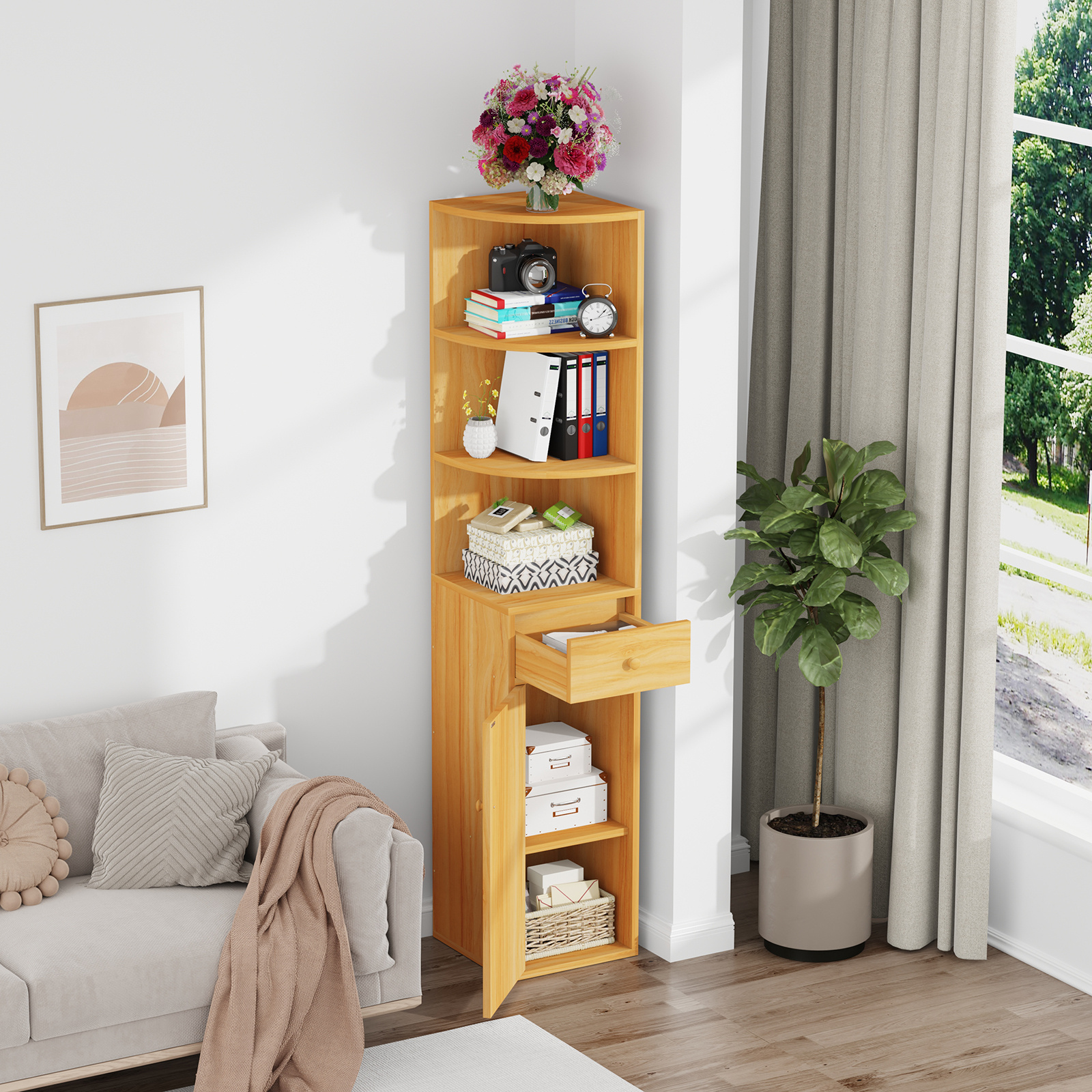 Image of Corner Bookcase Cabinet, Free Standing Corner Bookshelf With 1 Drawer And 1 Door, Wooden Display Storage Cabinet For Bedroom Living Room, Home Office Shelving Organizer Unit