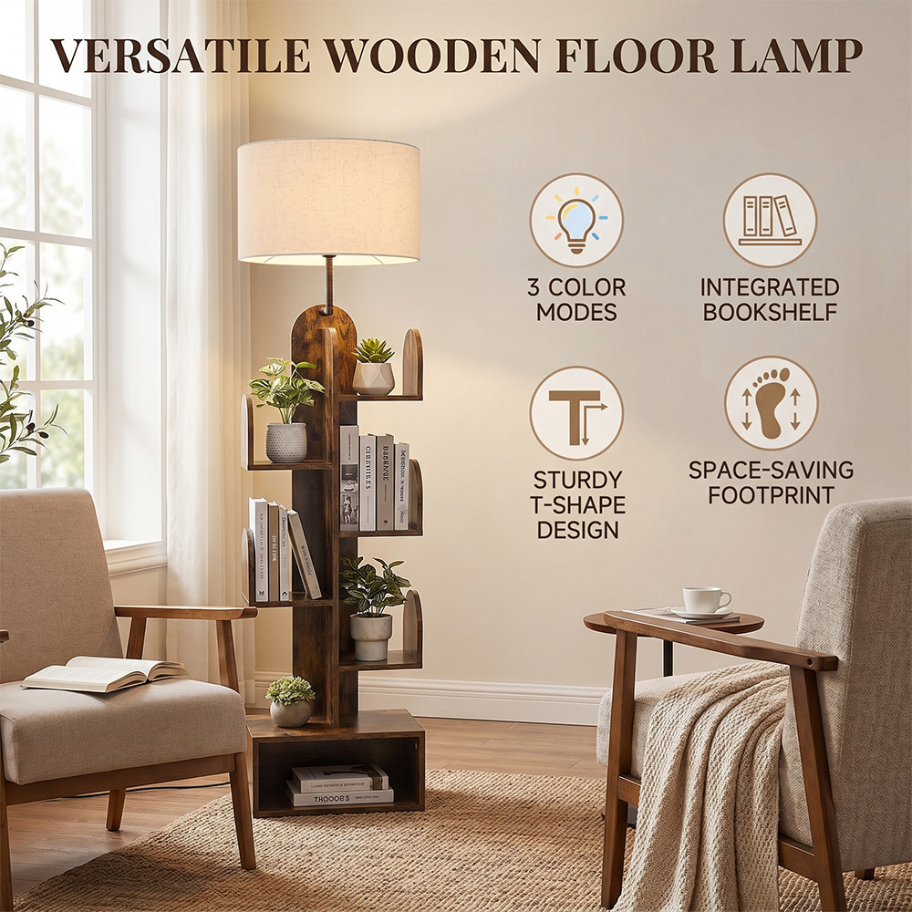 Image of Cactus-shaped Wooden Floor Lamp, Tree Bookshelf With Light, Bookcase, 3 Color Temperatures, Space- Kt-shaped Design, Storage Cabinet For Book Organization, Ideal For Living Room, Bedroom, Study, Etc.