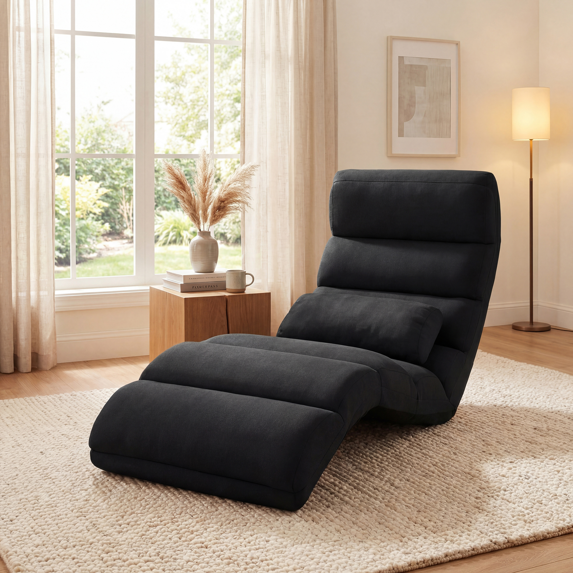 Image of Folding Lazy Sofa Bed, Upholstered 5-position Adjustable Chaise Lounge W/ Back Support, Foldable Floor Sofa Chair W/ Pillow, Video Gaming Chair For Home, Office, Reading, Watching, Black