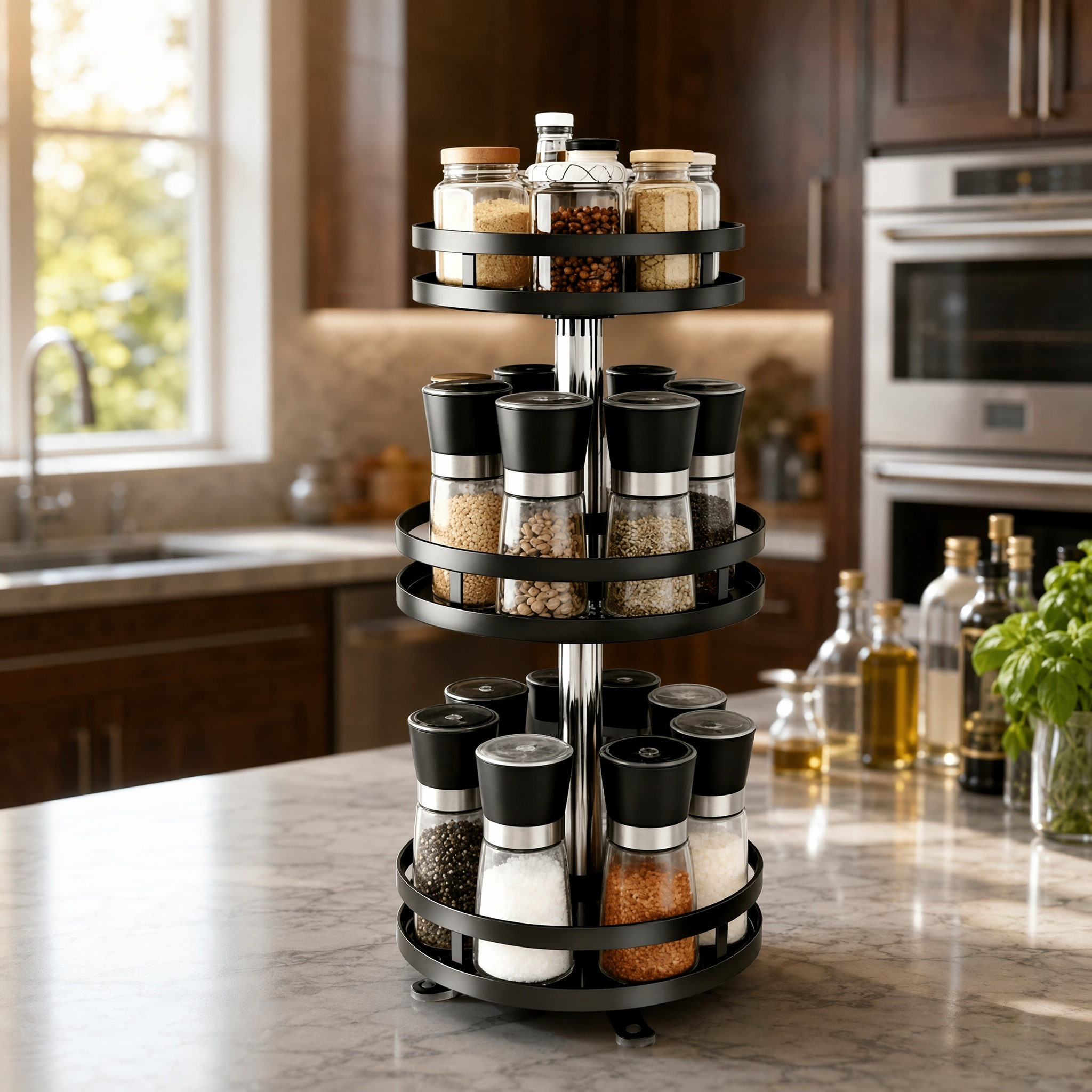 360° Rotating Three-tier Kitchen Storage Rack - Metal Spice Rack With Storage Box, Adjustable Height, Suitable For Storing Seasonings, Oil, And Vinegar; Practical Shelf.