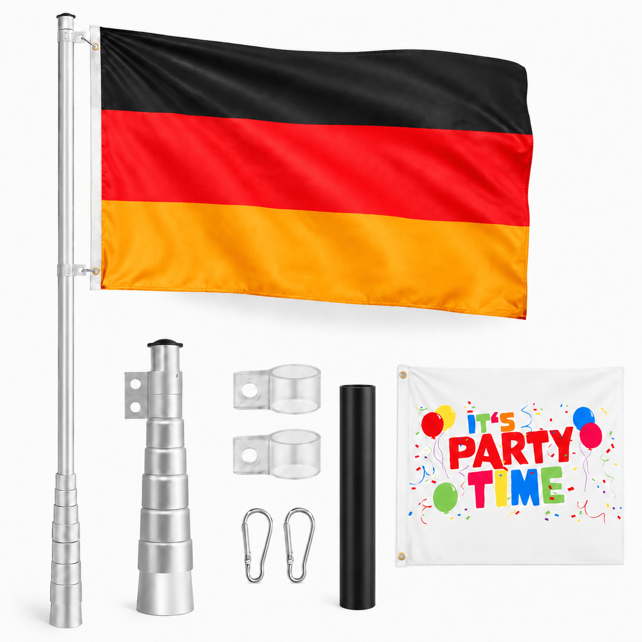 Image of Aluminum Flagpole 6.2 M With Base Sleeve - Telescopic Flagpole Height Adjustable In Plug-in System, And Weather-resistant, Including 2 Flags 150 X 90 Cm And 2 Carabiners, 6pcs Set