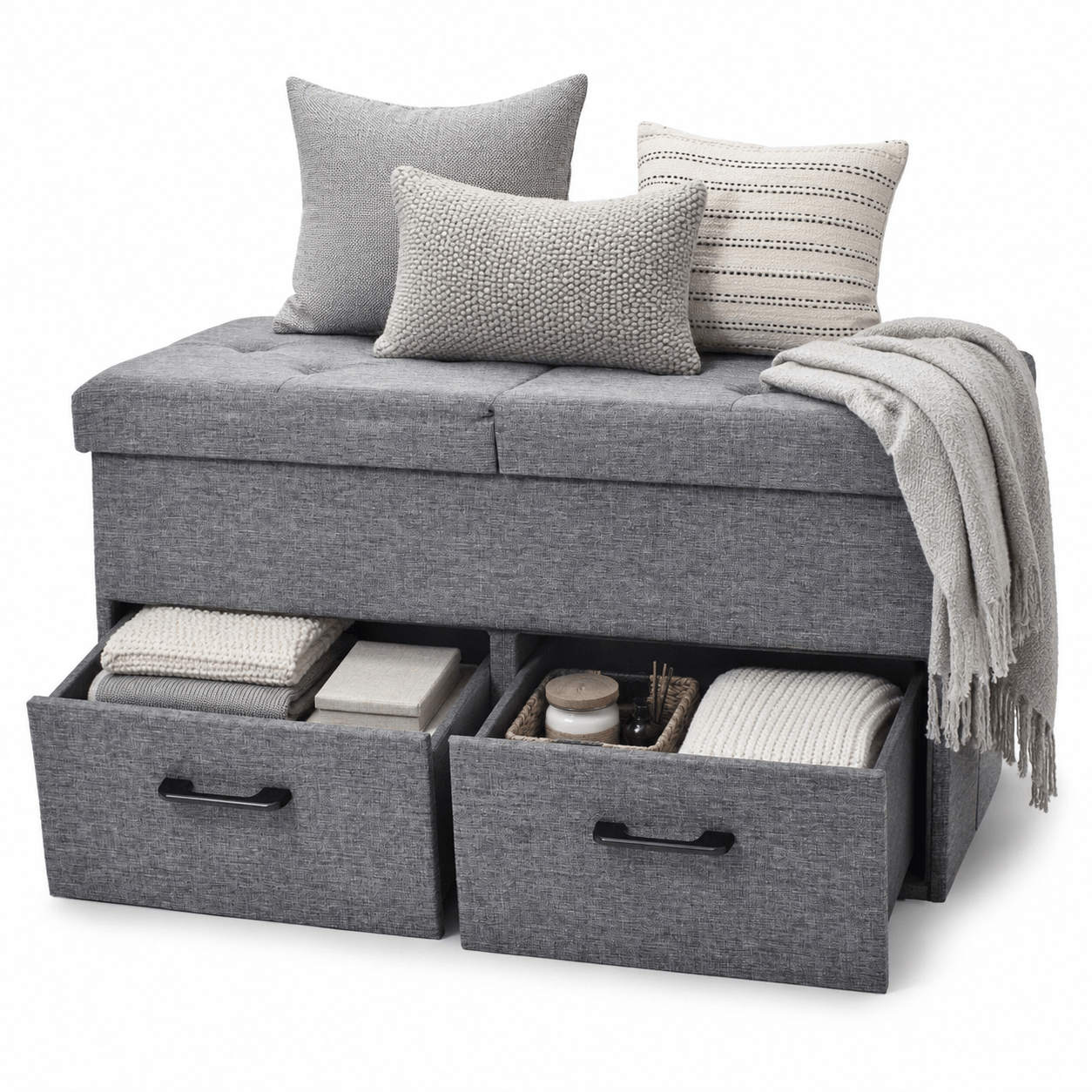 Folding Storage Bench In Linen Optic Dark Grey - Storage Ottoman With 2 Or 3 Drawers And Foldable Lid, Upholstered Storage Bench Up To 110 Kg For Hallway, Living Room And Bedroom.