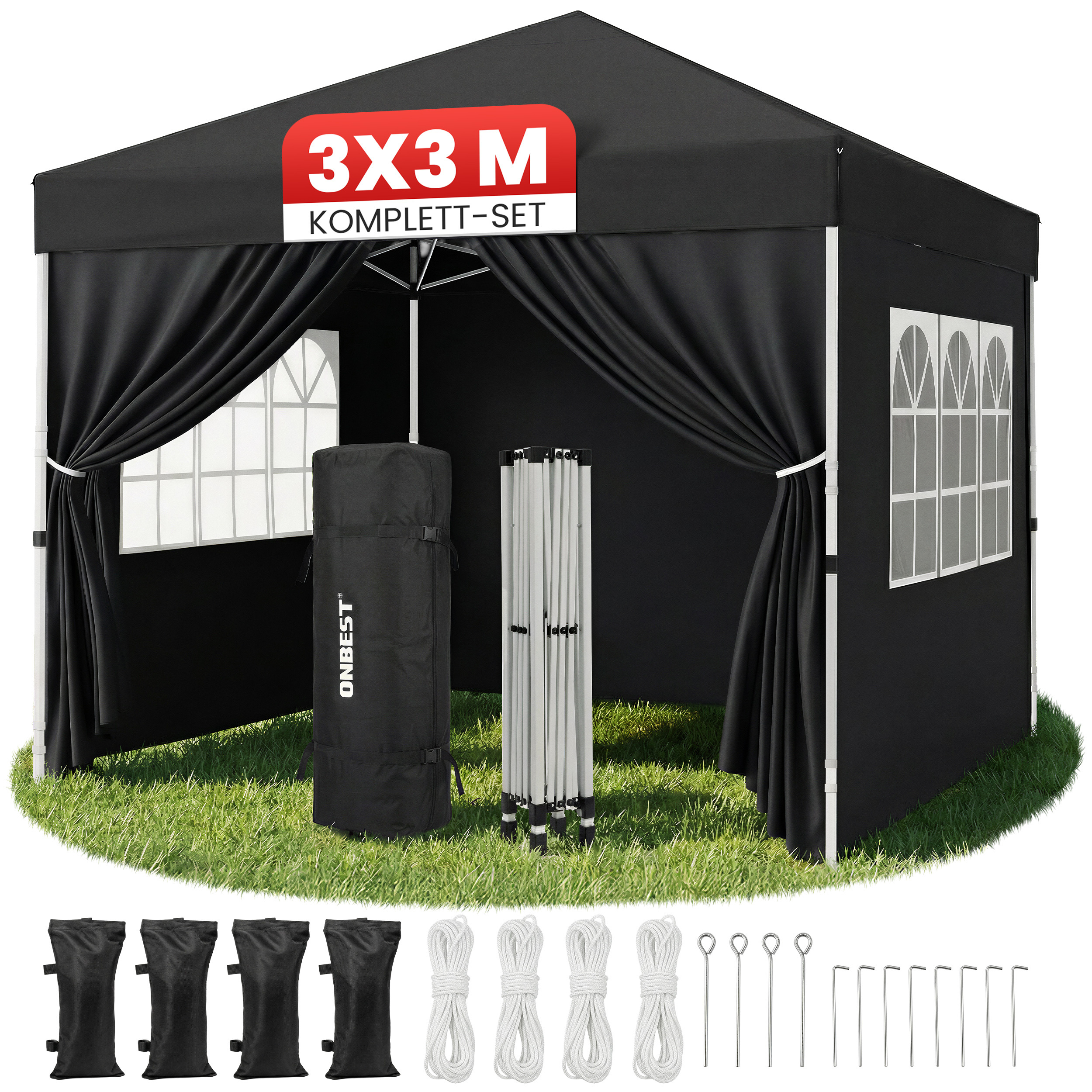 Image of 3x3 -up Folding Gazebo – Waterproof, 1-minute Setup – Party Tent With 4 Side Panels, Uv Protection 50+, 3-level Height Adjustable, Includes 4 Sandbags, Stakes, And Carry Bag, Assembly In 1 Minute
