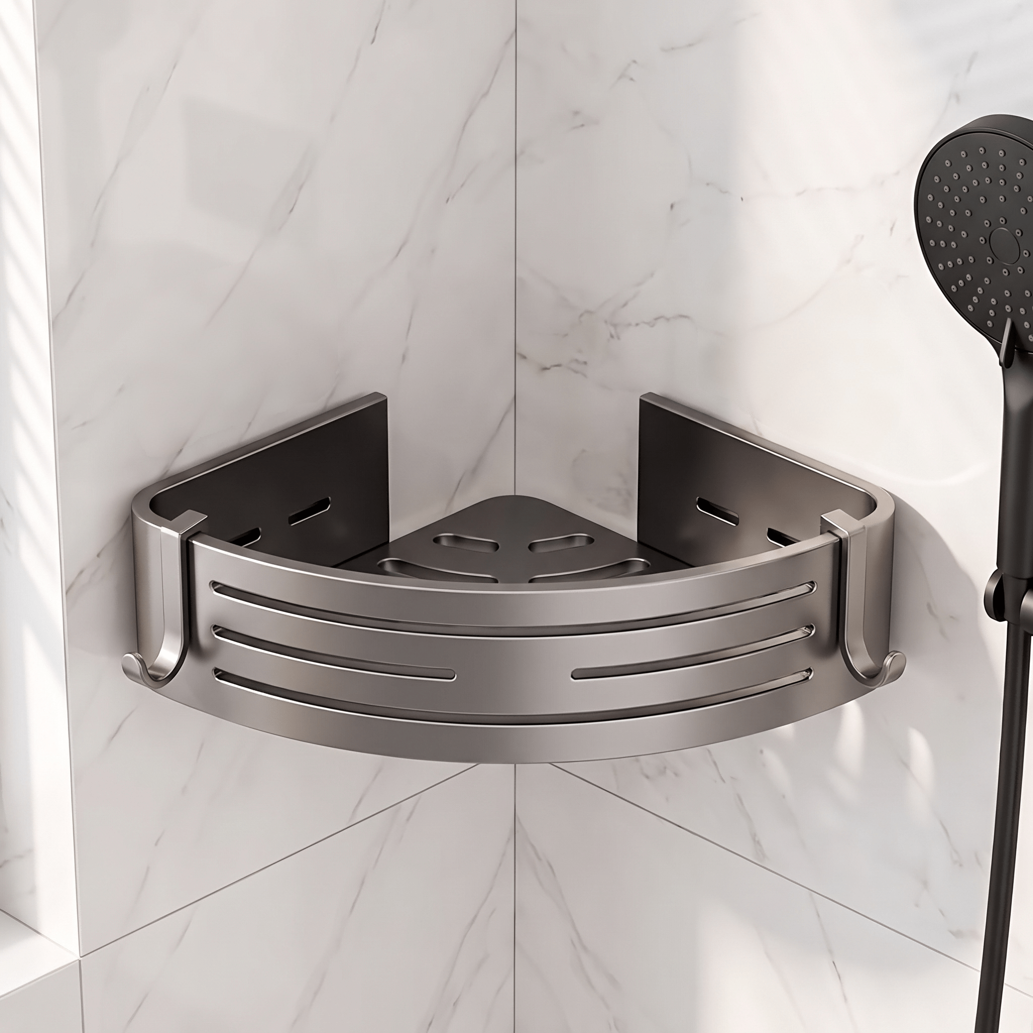Image of Corner Shower Storage Rack, No Drilling Design, Aluminum Anti Rust Shower Storage Rack, Bottom Hollow Drainage Strong, With Hooks, The For Bathroom And Kitchen Storage