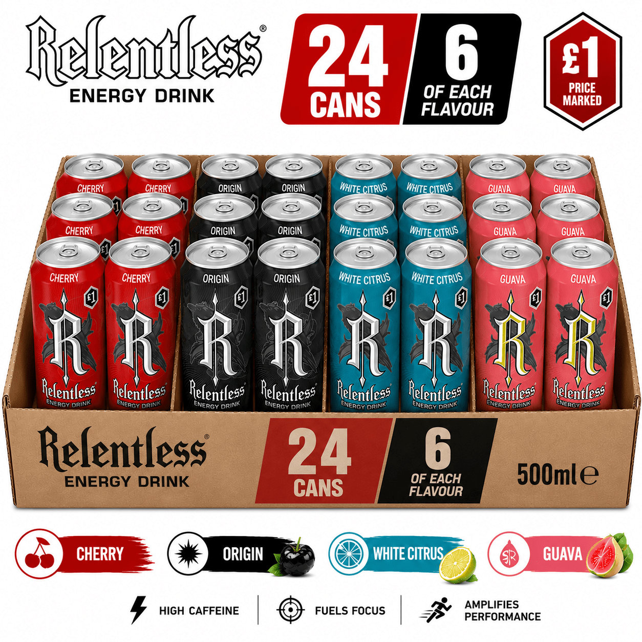 TEMU Relentless Energy Drink Variety Pack 500ml X 24 – Origin, Cherry, White Citrus & Guava Mixed Flavours