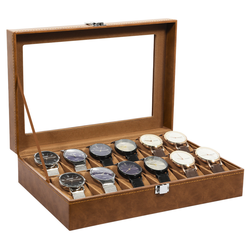 Image of Watch Box With 12 Compartments, Watch Case With Soft Watch Cushions And Large Windows, Brown Pu, Watch Storage Box Watch Case As A Gift Idea For Men And Women