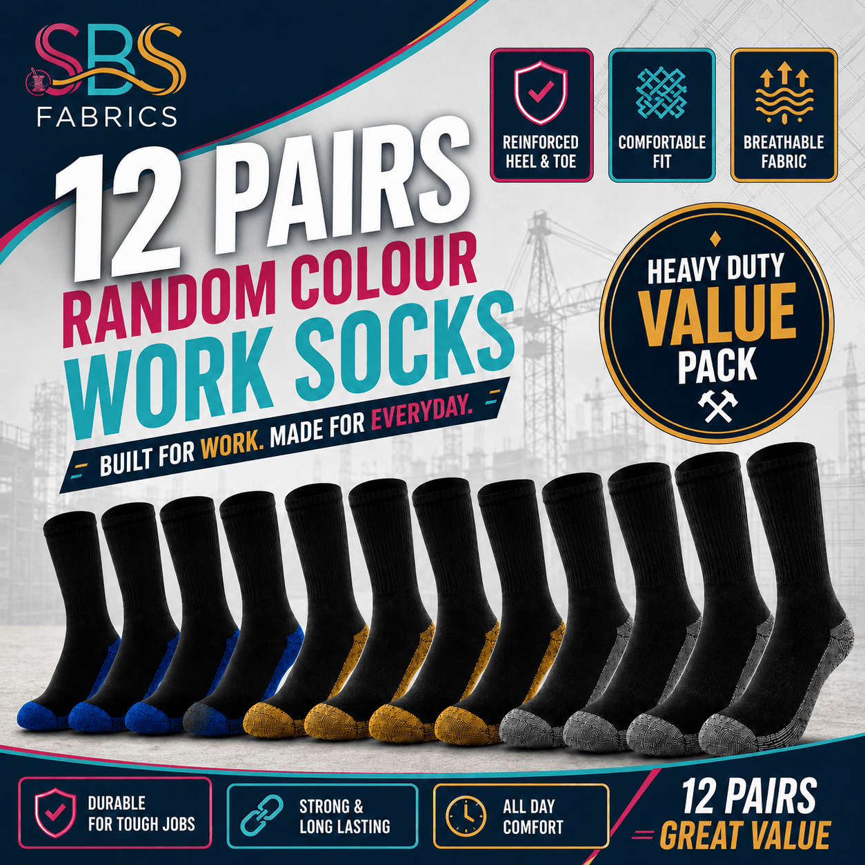 TEMU Sbs Fabrics Pack Of 12 Random Colour Work Socks Multipack Boot Socks For Work, Outdoor, Walking And Daily Use