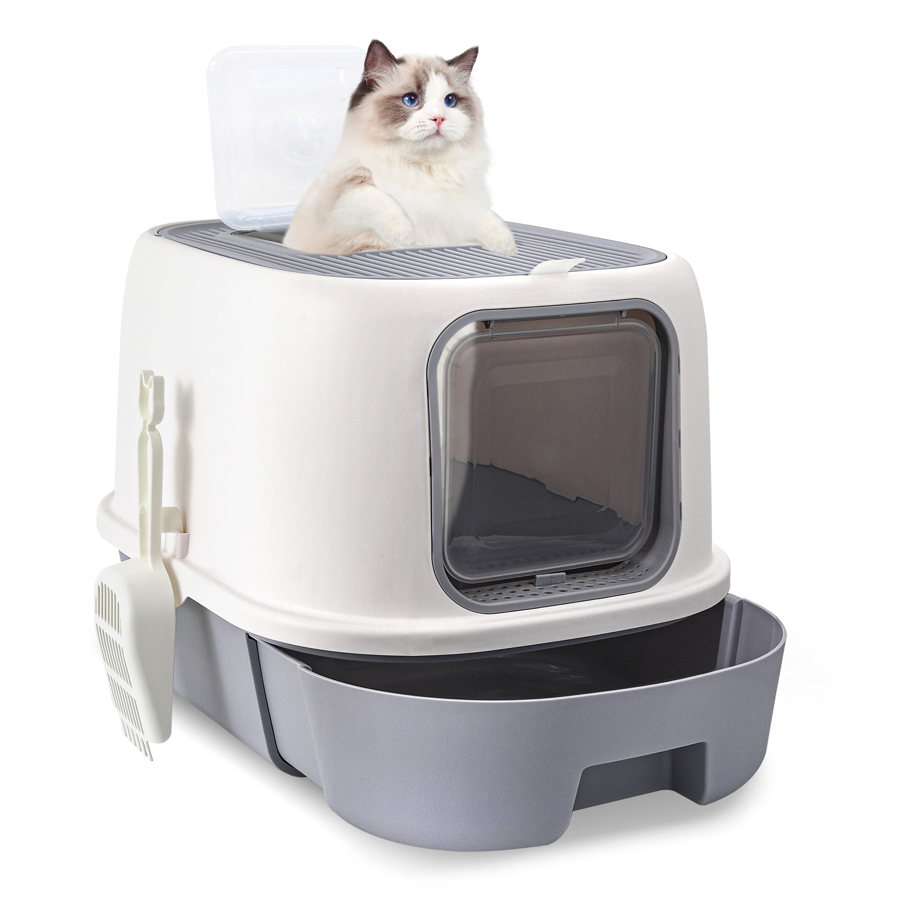 Image of Litter Box With Lid, Double-door Cat Toilet, With Drawers And Scoop, Enclosed Cat Litter Box, Leak-proof, Easy To Clean, White/gray