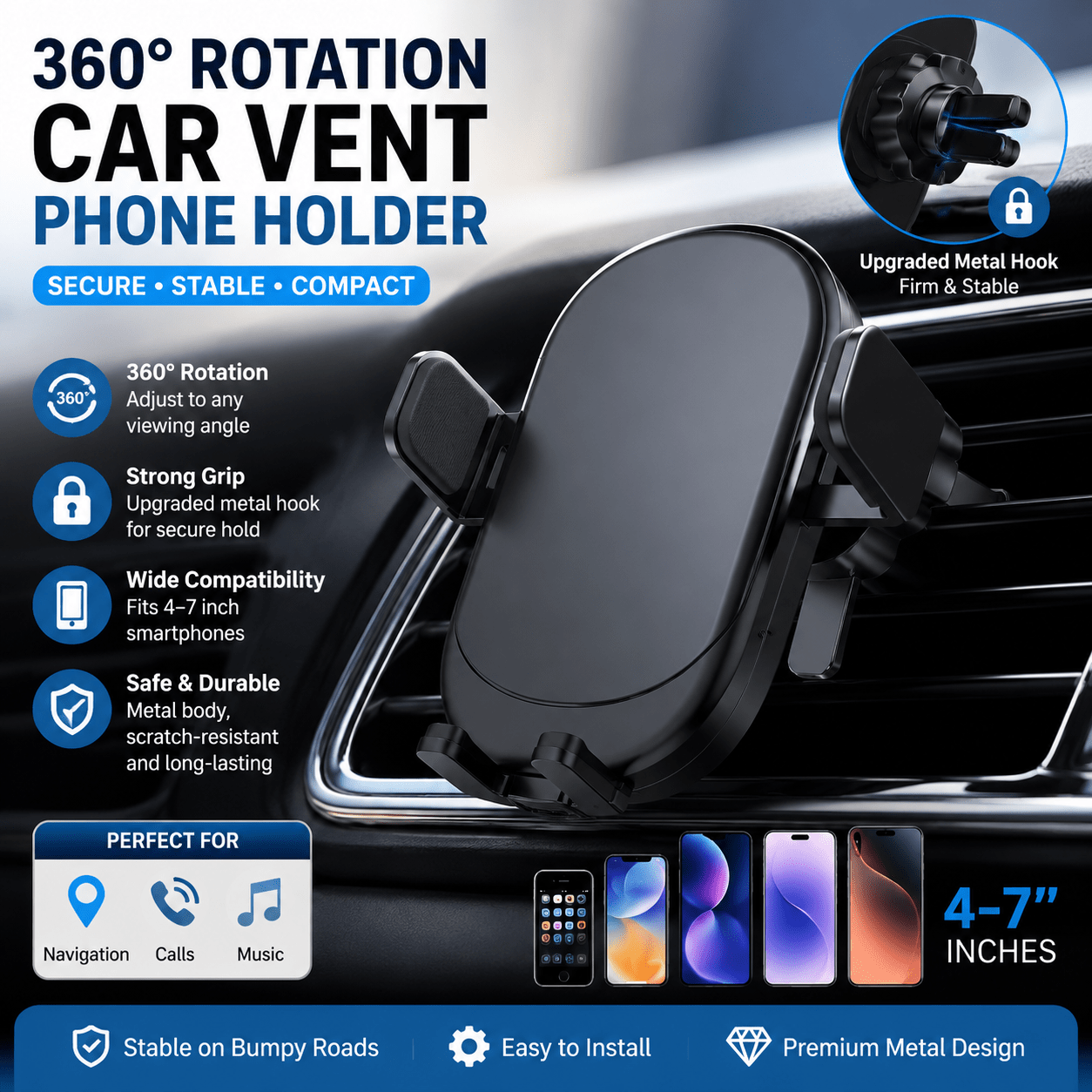 TEMU Support de téléphone pour voiture à fixation sur ventilation, support universel pour smartphone rotatif à 360°, utilisation à une main, support