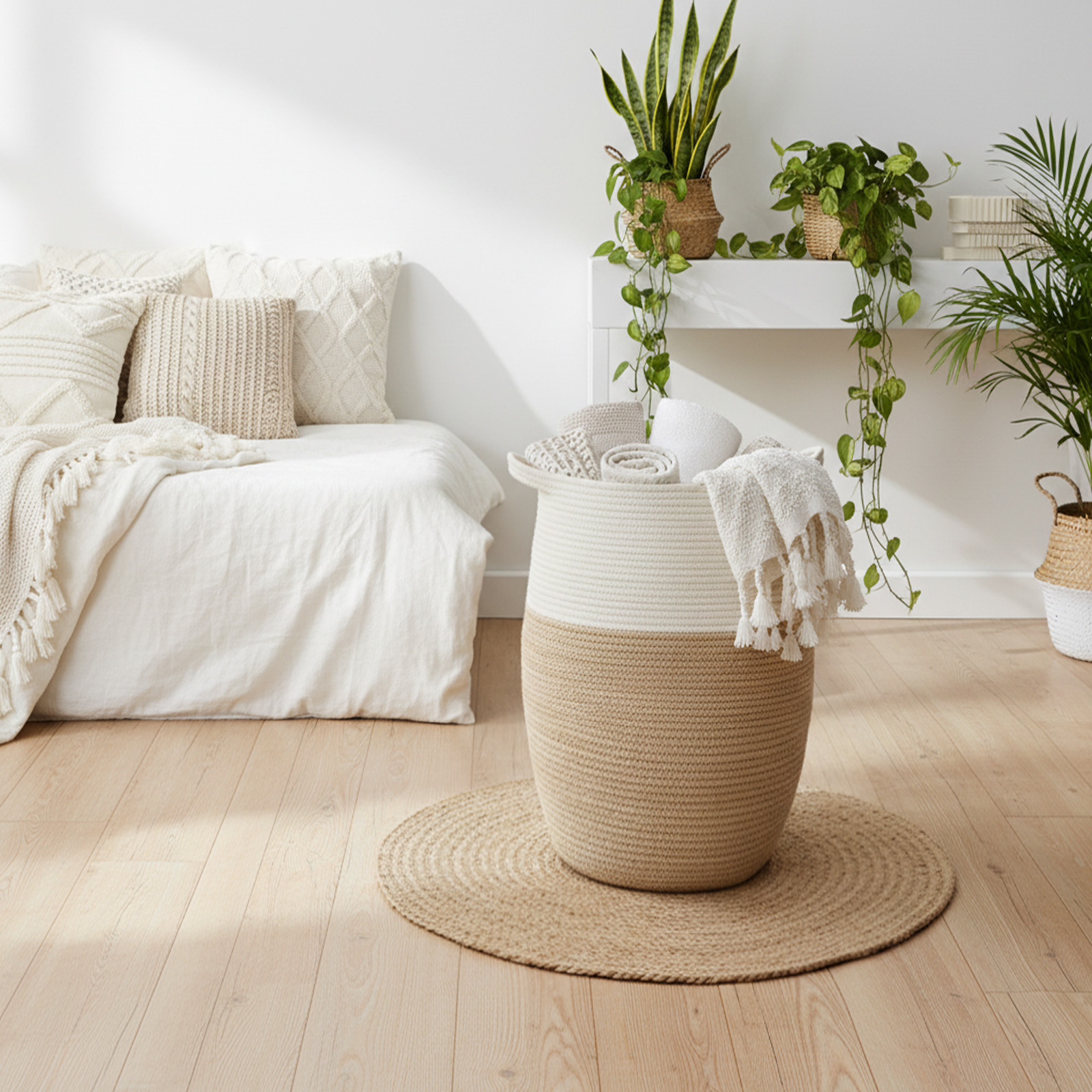Image of Large Laundry Basket (105 L, 65 X 45 X 35 Cm) – Tall, Decorative Storage Basket With Long Handles ( Suitable As A Shelf Or Laundry Basket)