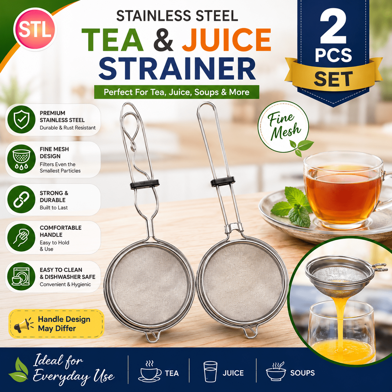 TEMU 2 Pack Stainless Steel Tea Strainer, Fine Mesh Tea & Juice Strainers, Kitchen Sieve Filter For Loose Leaf Tea, Coffee, Juice, Cocktails & Soups