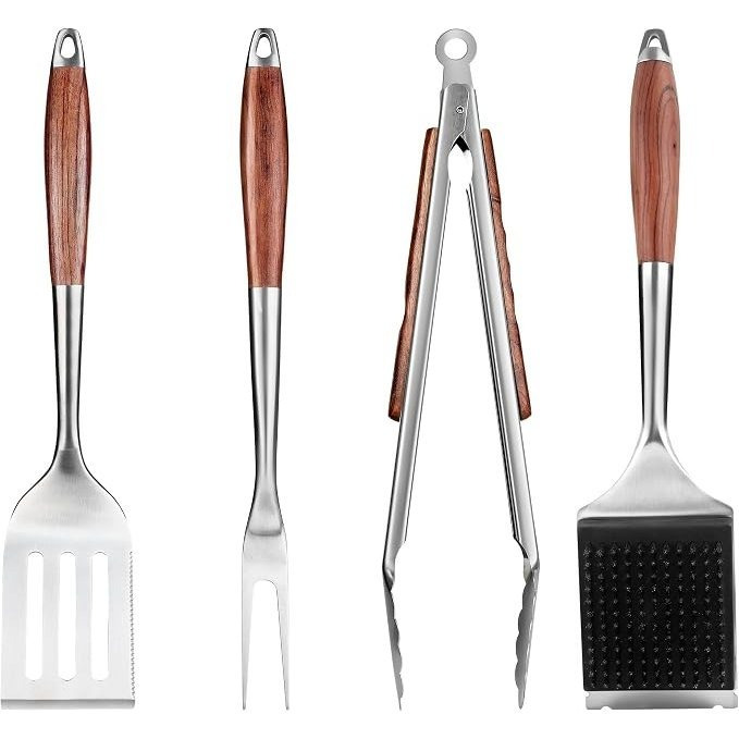 Image of 4-piece Stainless Steel Grill Utensil Set: Tongs, Turner, Fork, Brush - Bbq Accessories And Tools For Bbq Lovers, Camping, Picnics & Garden Parties