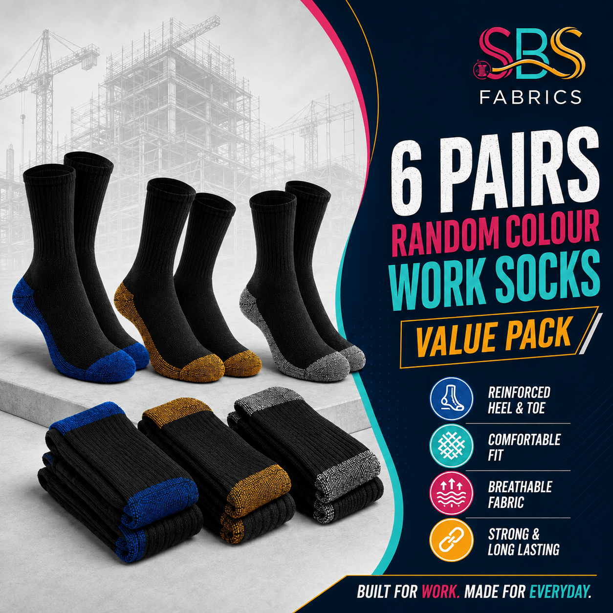 TEMU Sbs Fabrics Pack Of 6 Work Socks Random Colours Durable Everyday Socks For Work Boots, Trainers And Casual Wear
