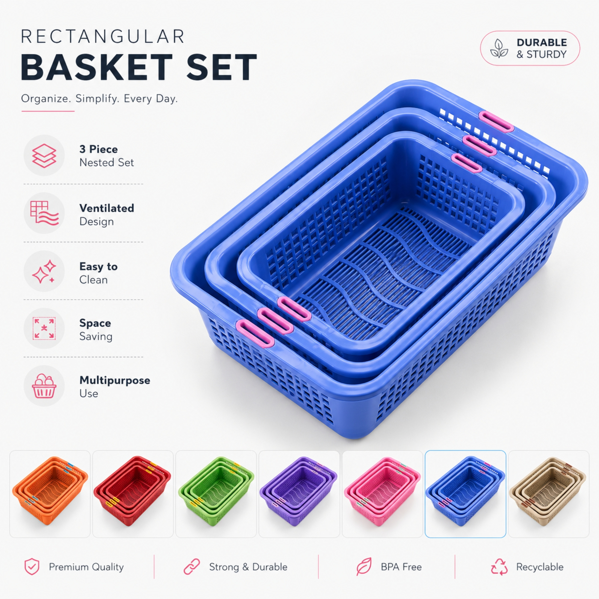 3 Piece Rectangular Storage Basket Set with Handles