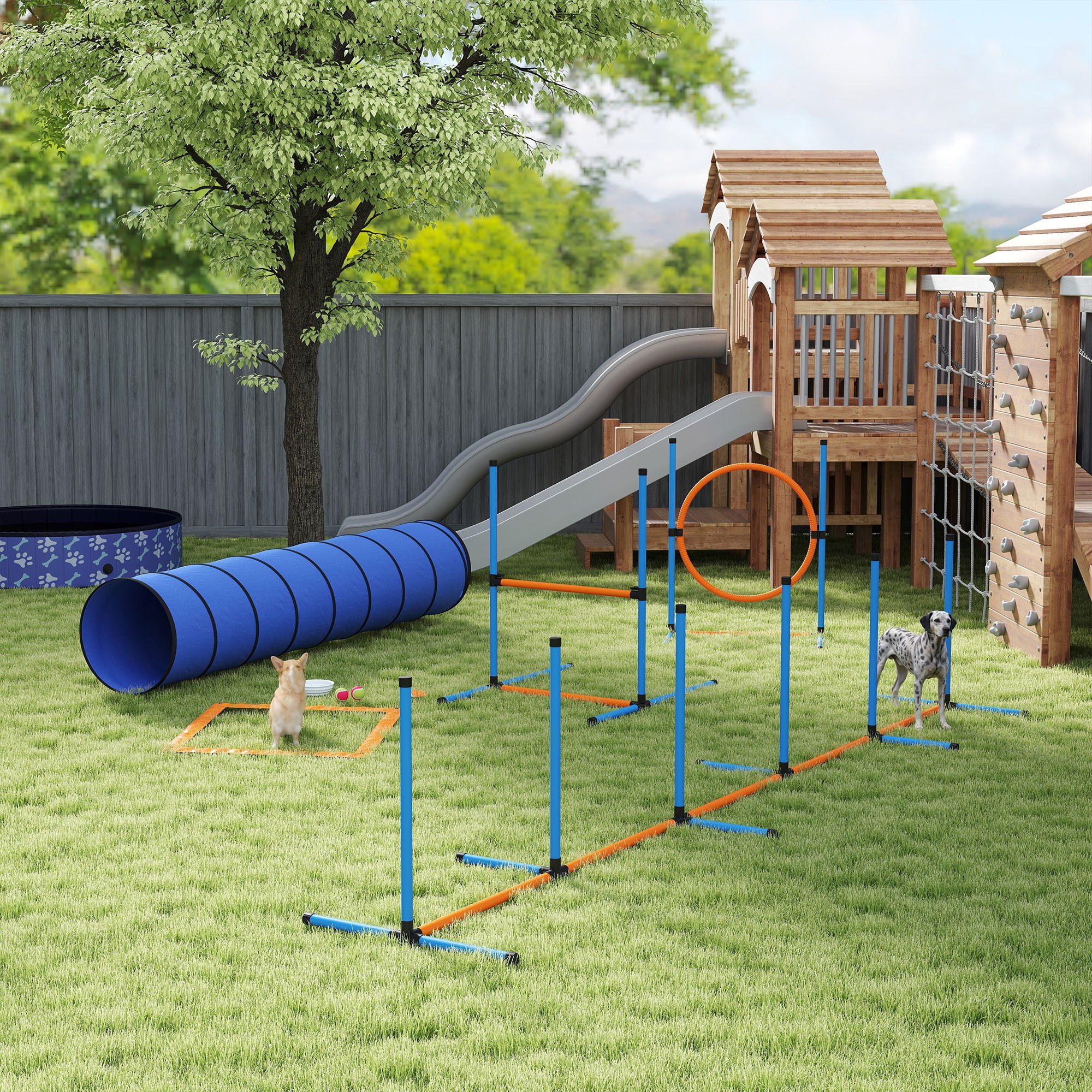 Image of Dog Training Set For Agility, 8-piece Set With Tunnel, Slalom Poles, Adjustable , Jump Ring, Rest Platform, Bowl, Toy, And Carry Bag For Garden, Indoor, And Outdoor Use
