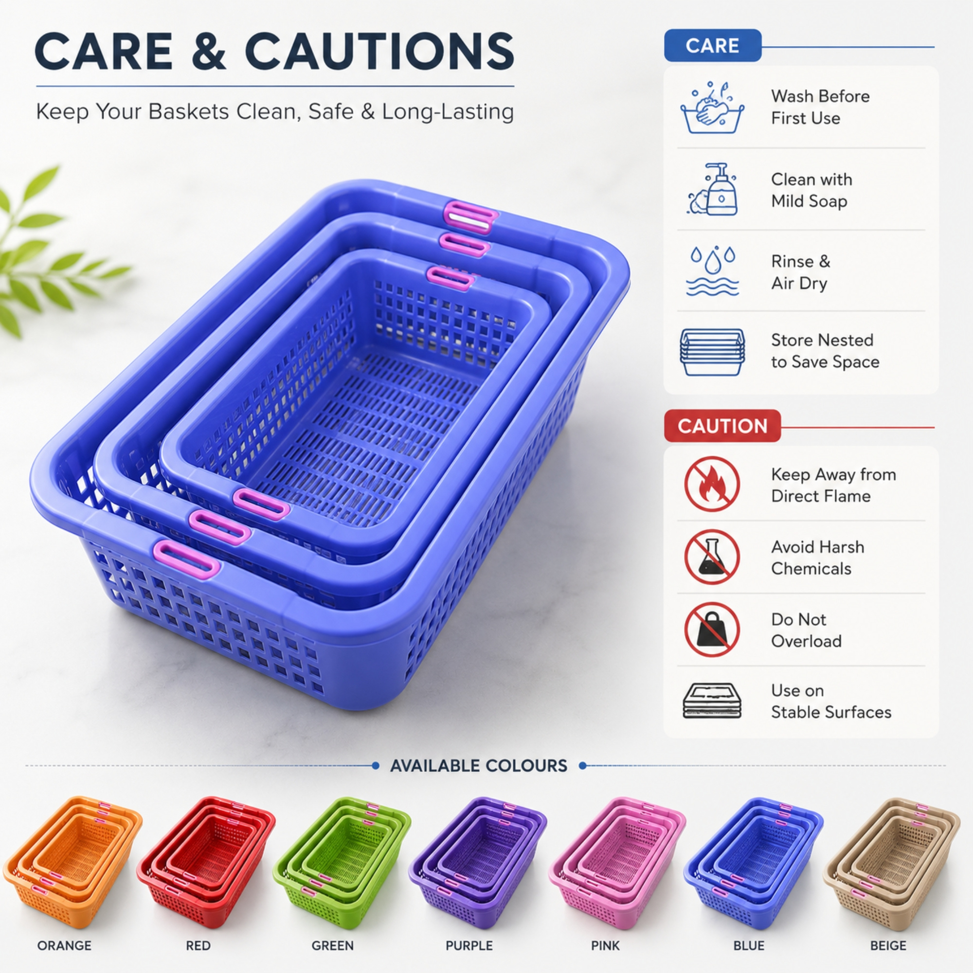 3 Piece Rectangular Storage Basket Set with Handles