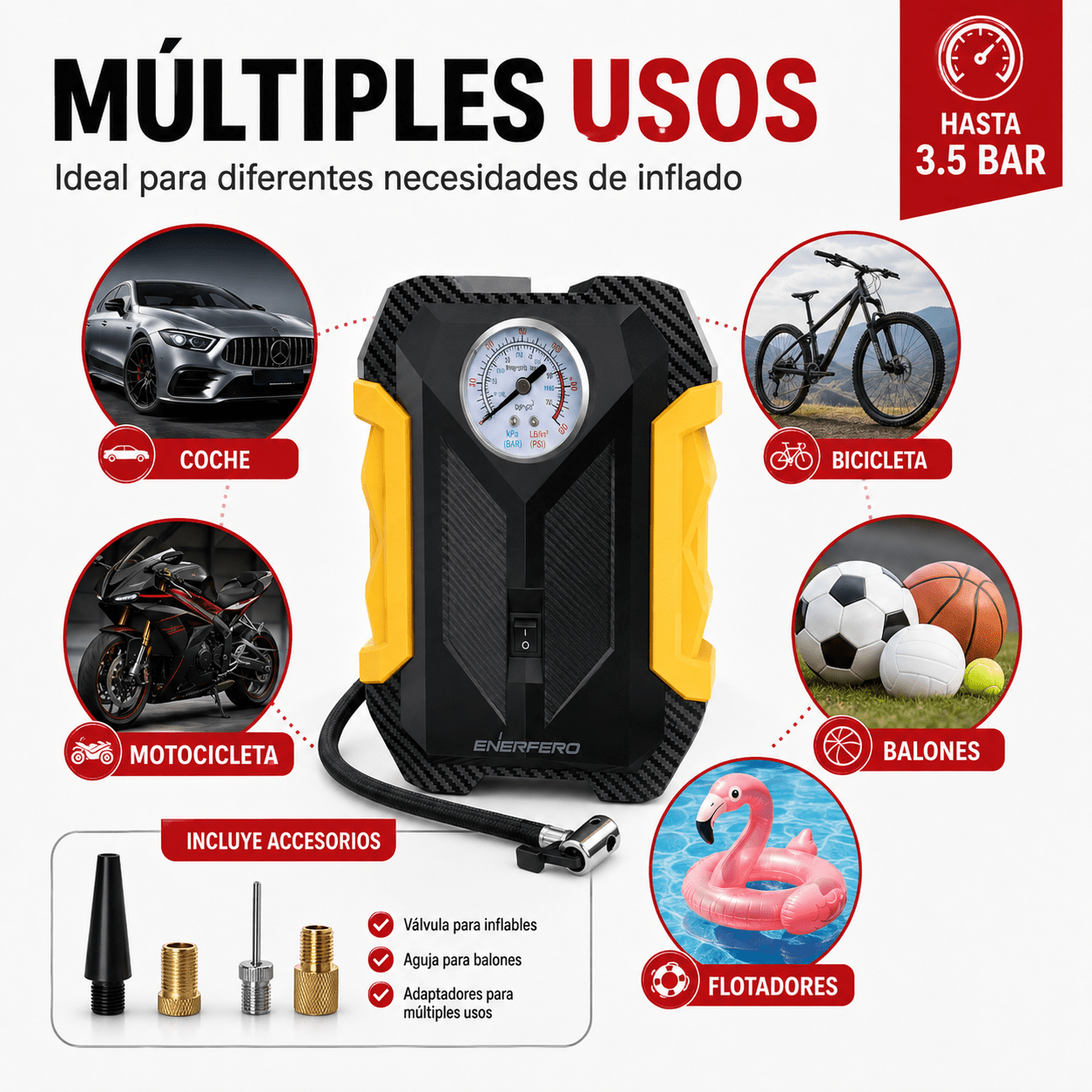 TEMU Inflador de Neumáticos Portátil para Coche, Compresor de Aire 12V con Manómetro Analógico, Luz Integrada y Accesorios, 3,, para Coche, Moto,