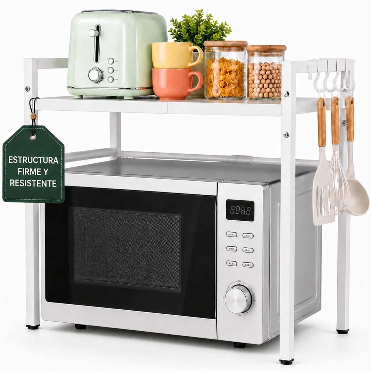 TEMU Estante Microondas Extensible 40-64 cm, Ajustable, 4 Ganchos, Patas Ajustables y Soporta 30 kg, Soporte Microondas Encimera, Estanteria Cocina