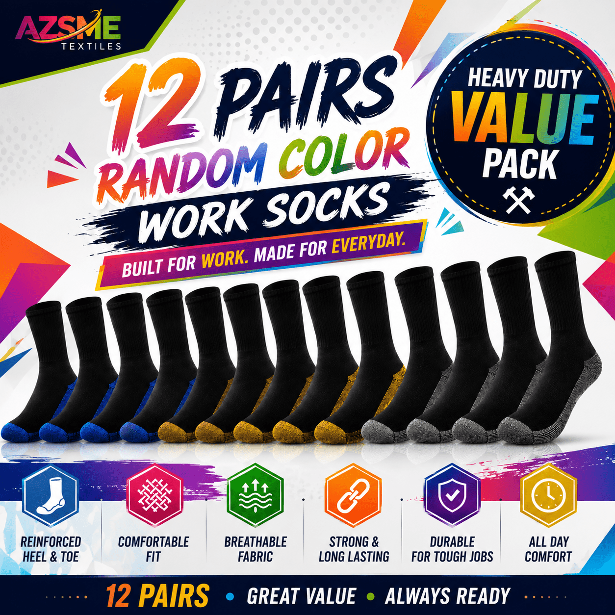 TEMU Azsme Textiles Pack Of 12 Random Colour Work Socks Men's Everyday Socks For Work Boots, Trainers And Casual Wear
